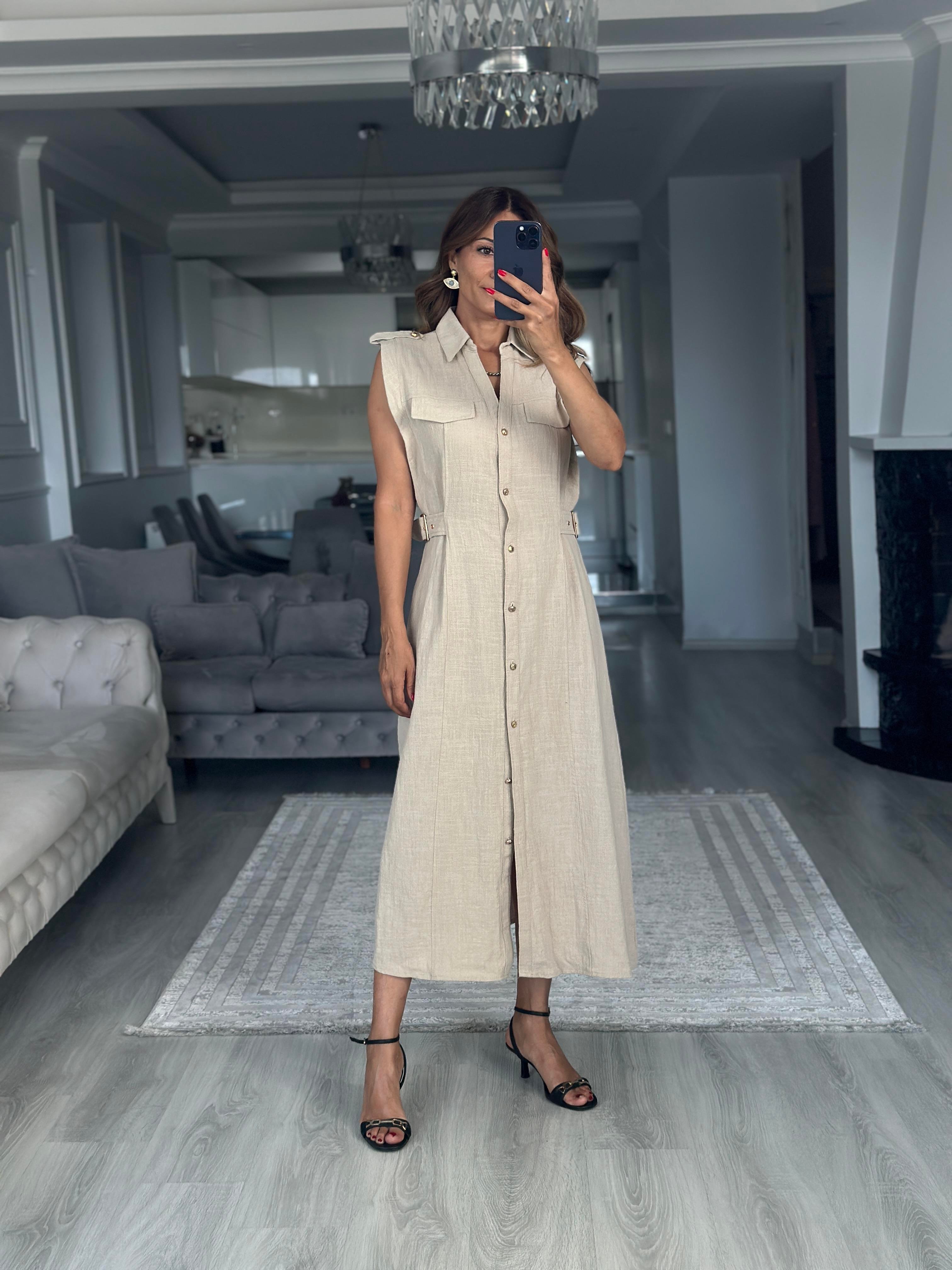 Taş Apoletli Sıfır Kol Midi Boy Kadın Gömlek Elbise