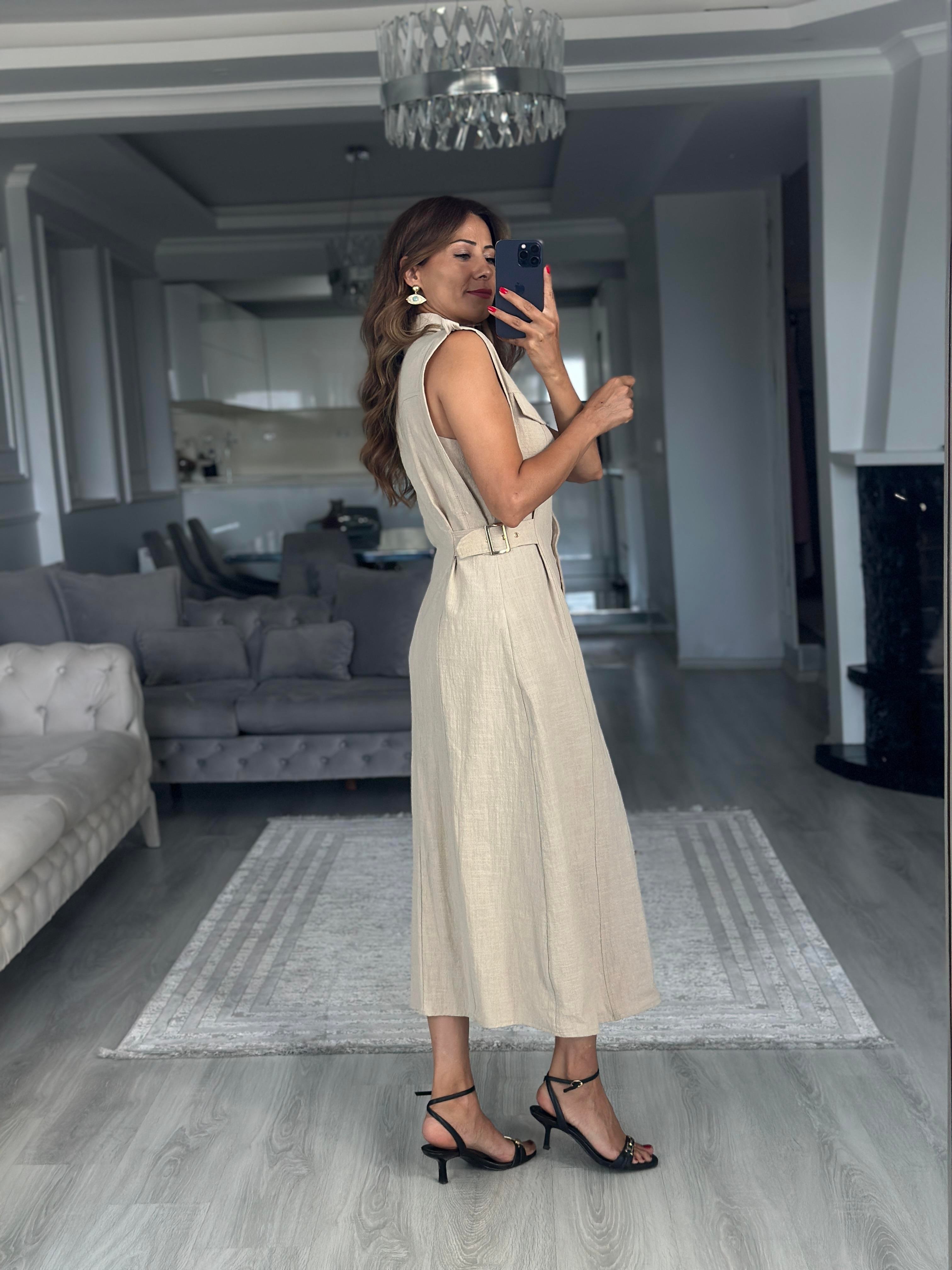 Taş Apoletli Sıfır Kol Midi Boy Kadın Gömlek Elbise