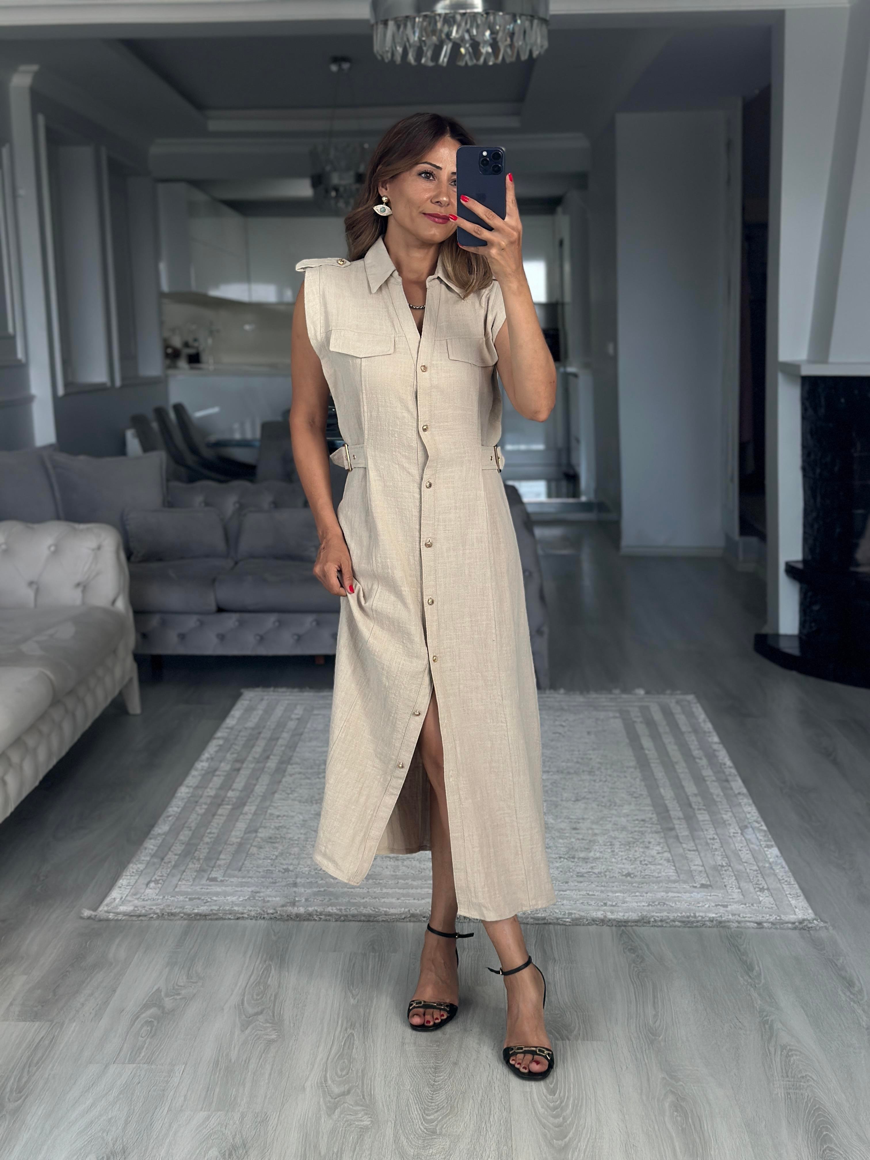 Taş Apoletli Sıfır Kol Midi Boy Kadın Gömlek Elbise