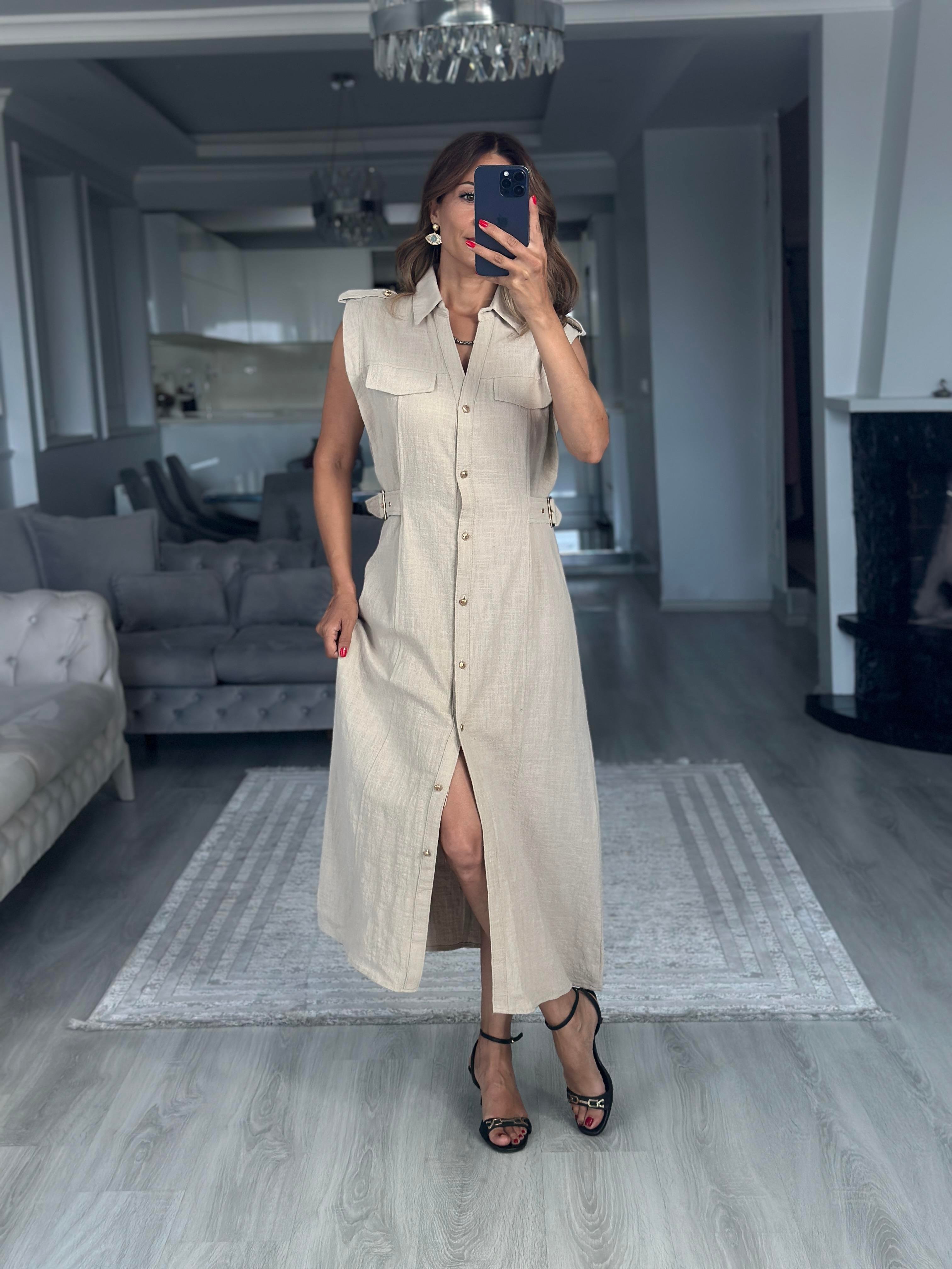 Taş Apoletli Sıfır Kol Midi Boy Kadın Gömlek Elbise