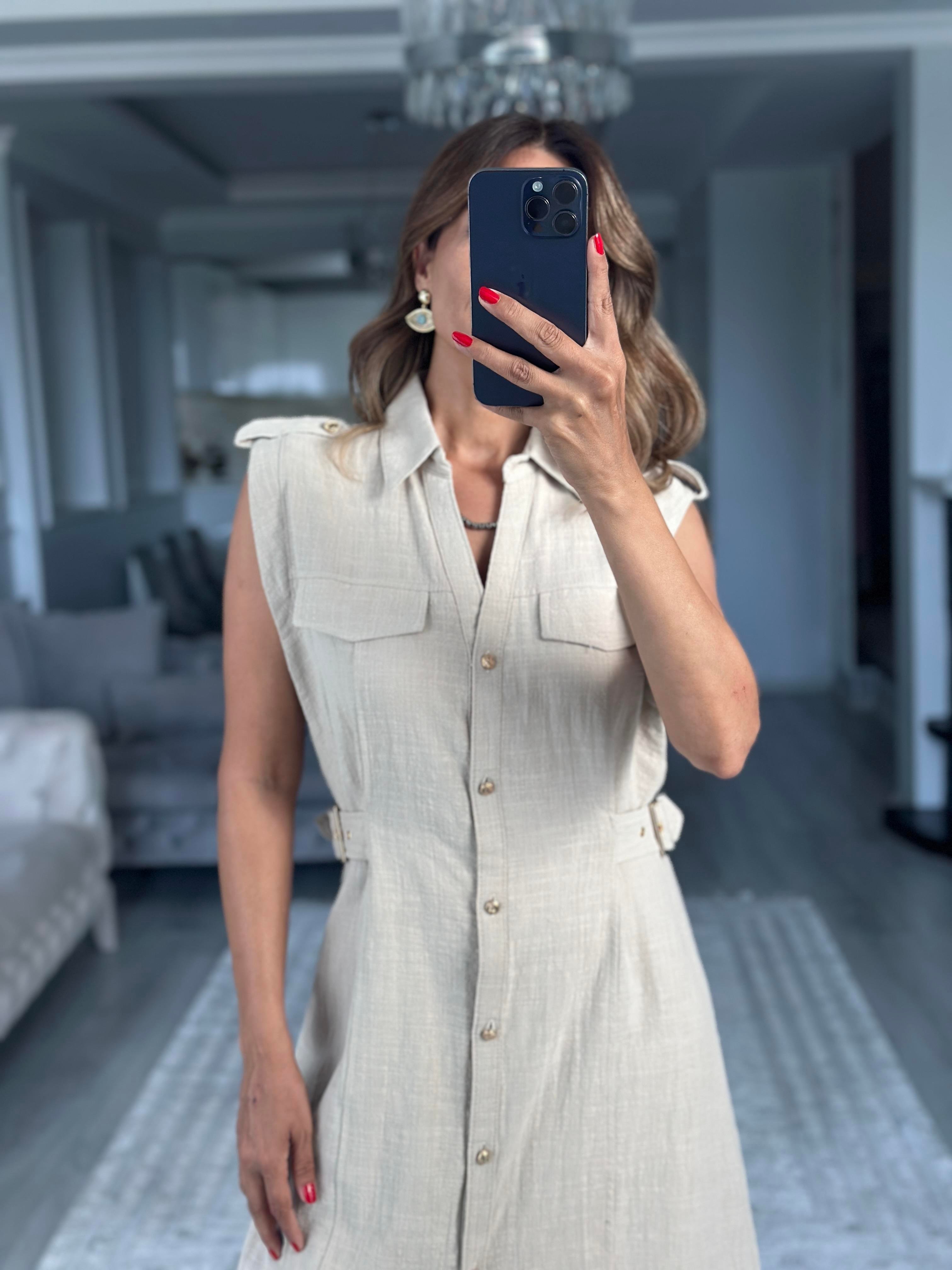 Taş Apoletli Sıfır Kol Midi Boy Kadın Gömlek Elbise