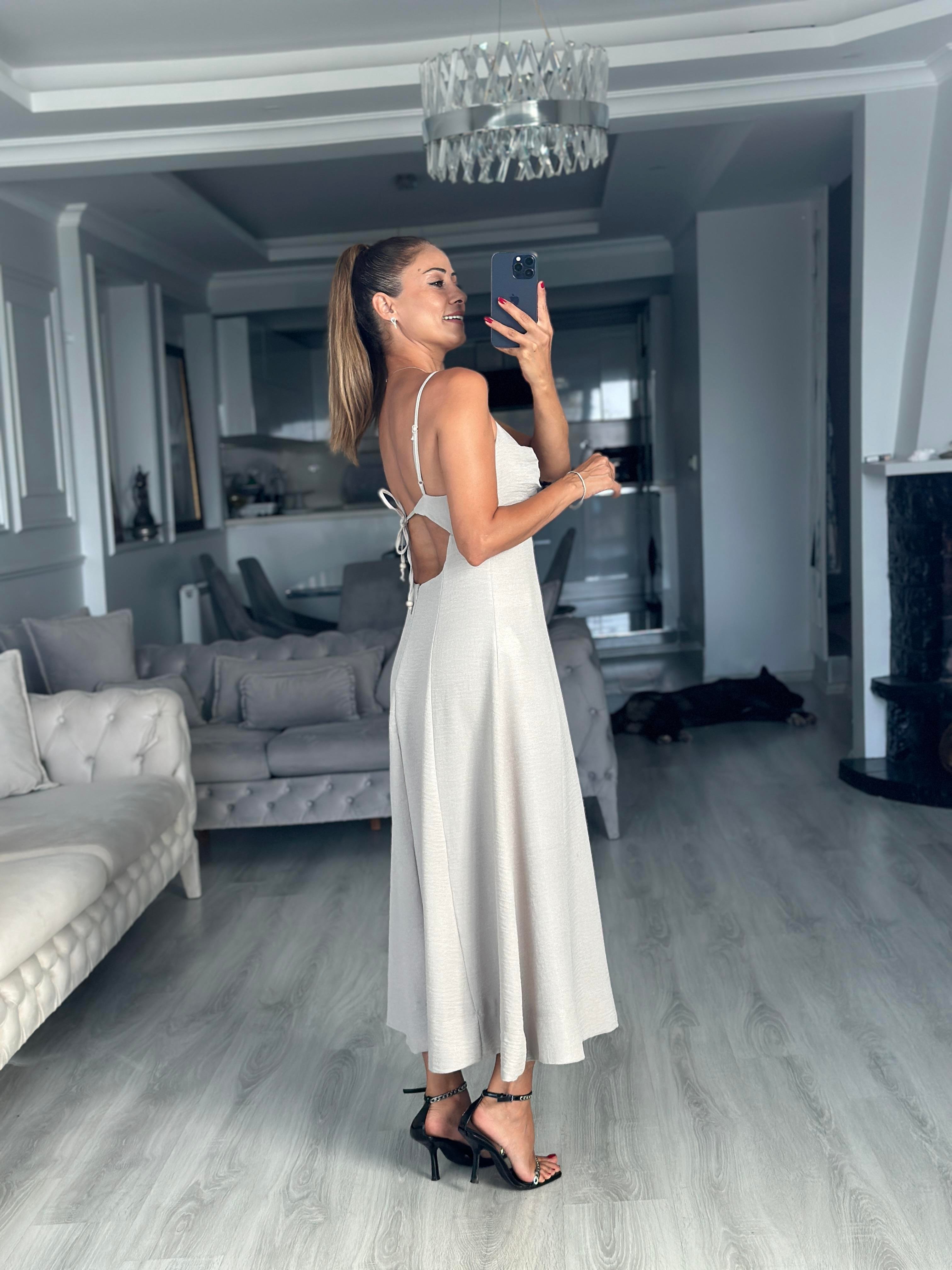 Taş Ayarlanabilir İp Askılı Dekolteli Parçalı Midi Boy Kadın Elbise