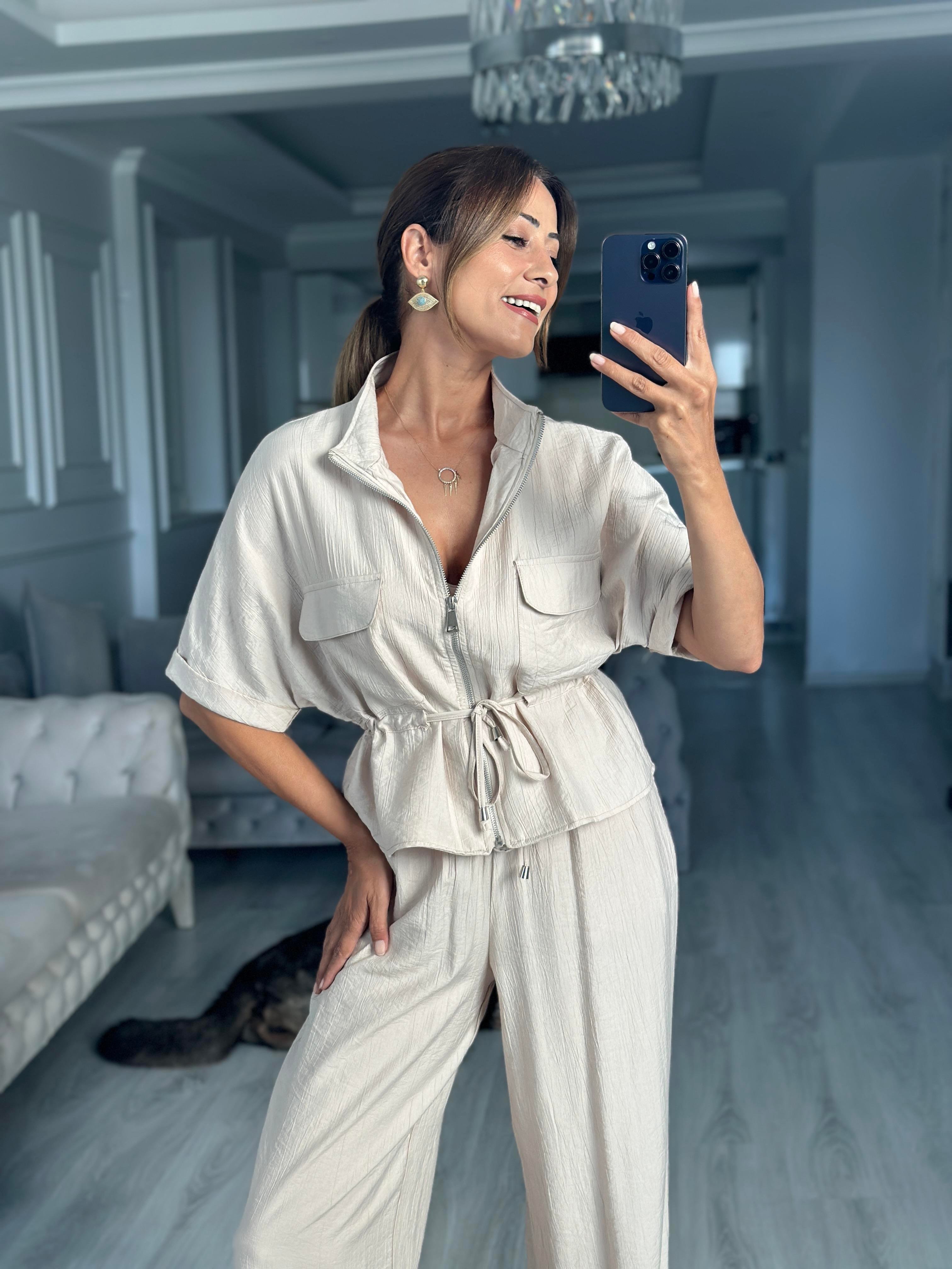 Taş Dokulu Beli Bağcıklı Ceket Pantolon Kadın Alt Üst Takım