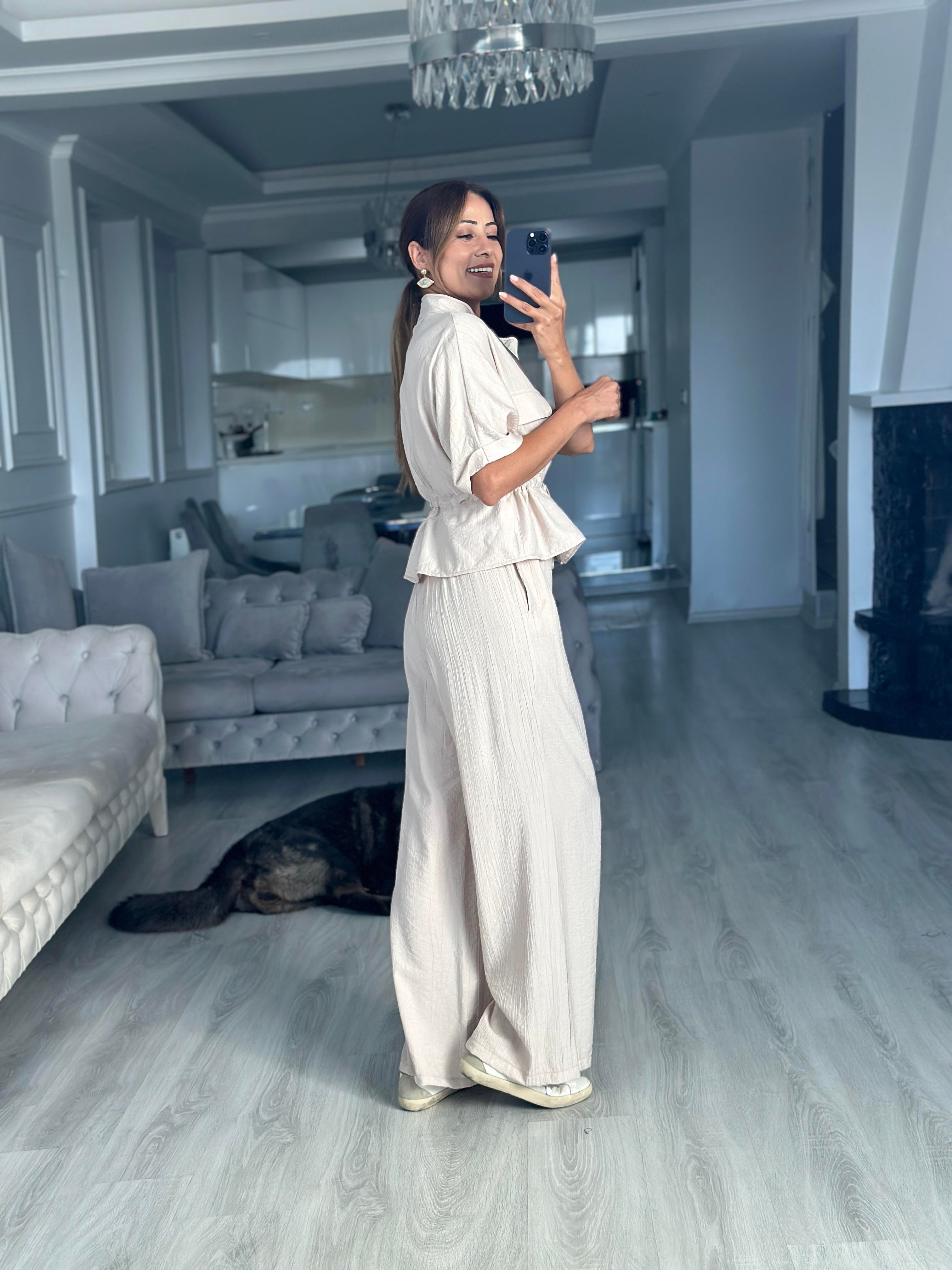 Taş Dokulu Beli Bağcıklı Ceket Pantolon Kadın Alt Üst Takım