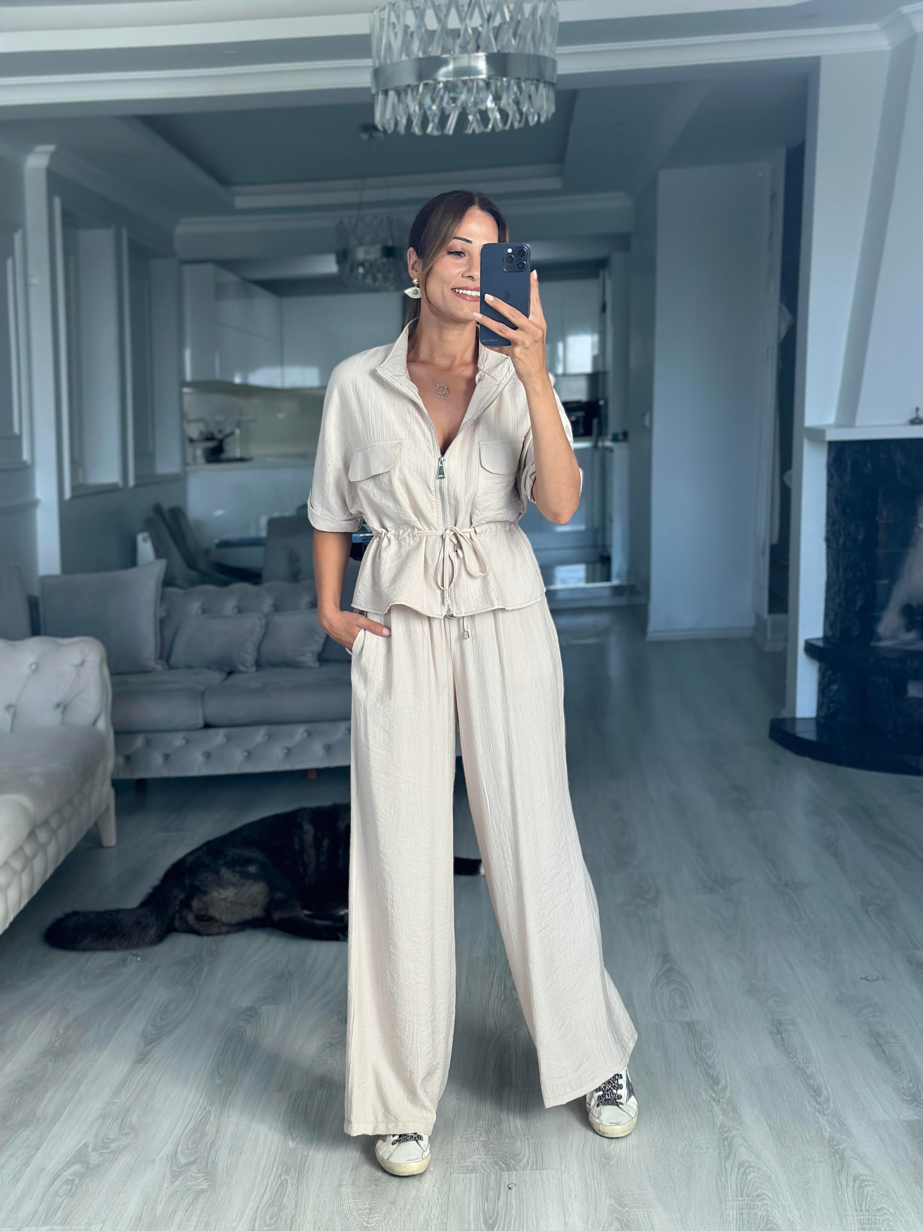 Taş Dokulu Beli Bağcıklı Ceket Pantolon Kadın Alt Üst Takım