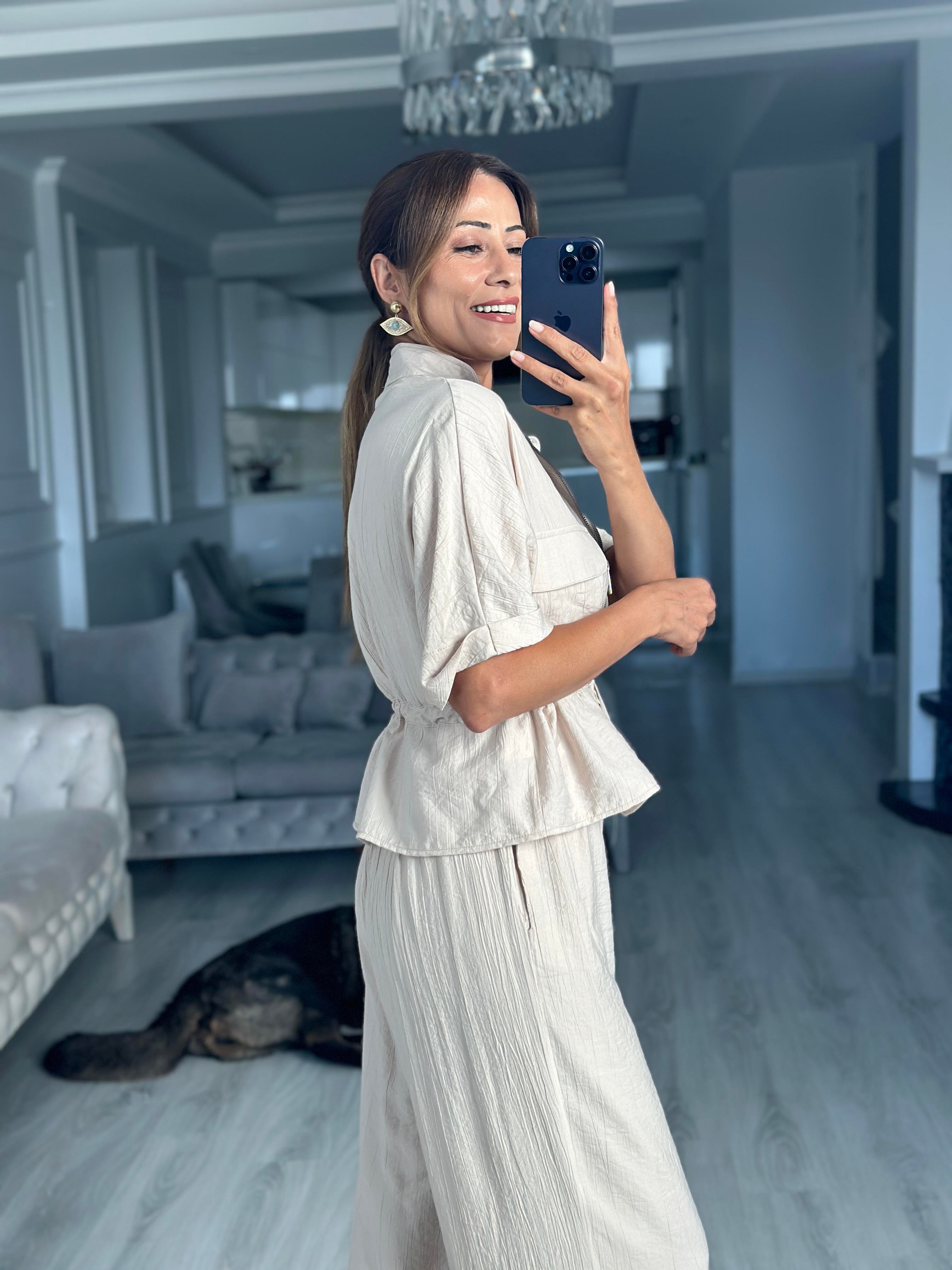 Taş Dokulu Beli Bağcıklı Ceket Pantolon Kadın Alt Üst Takım