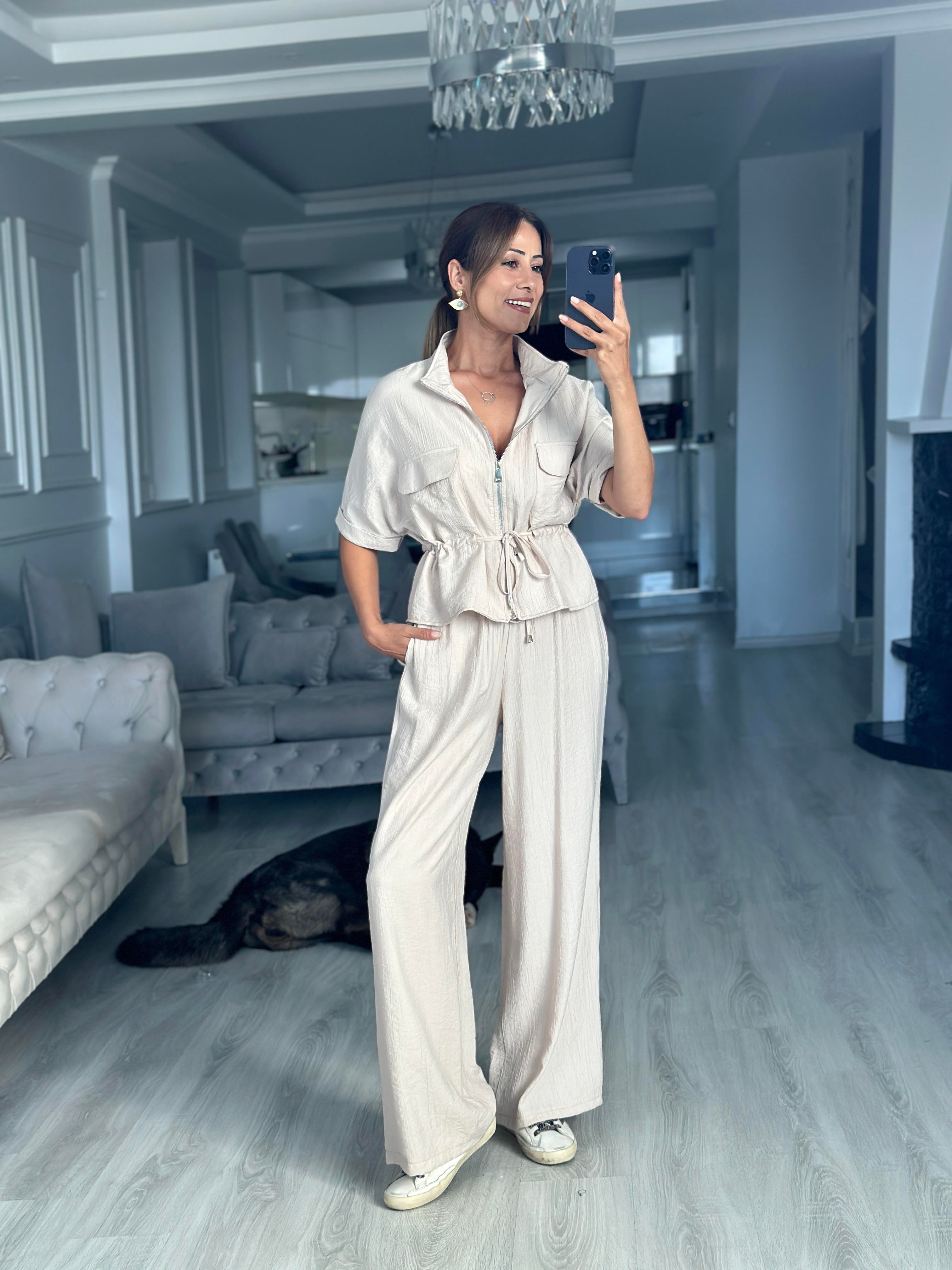 Taş Dokulu Beli Bağcıklı Ceket Pantolon Kadın Alt Üst Takım