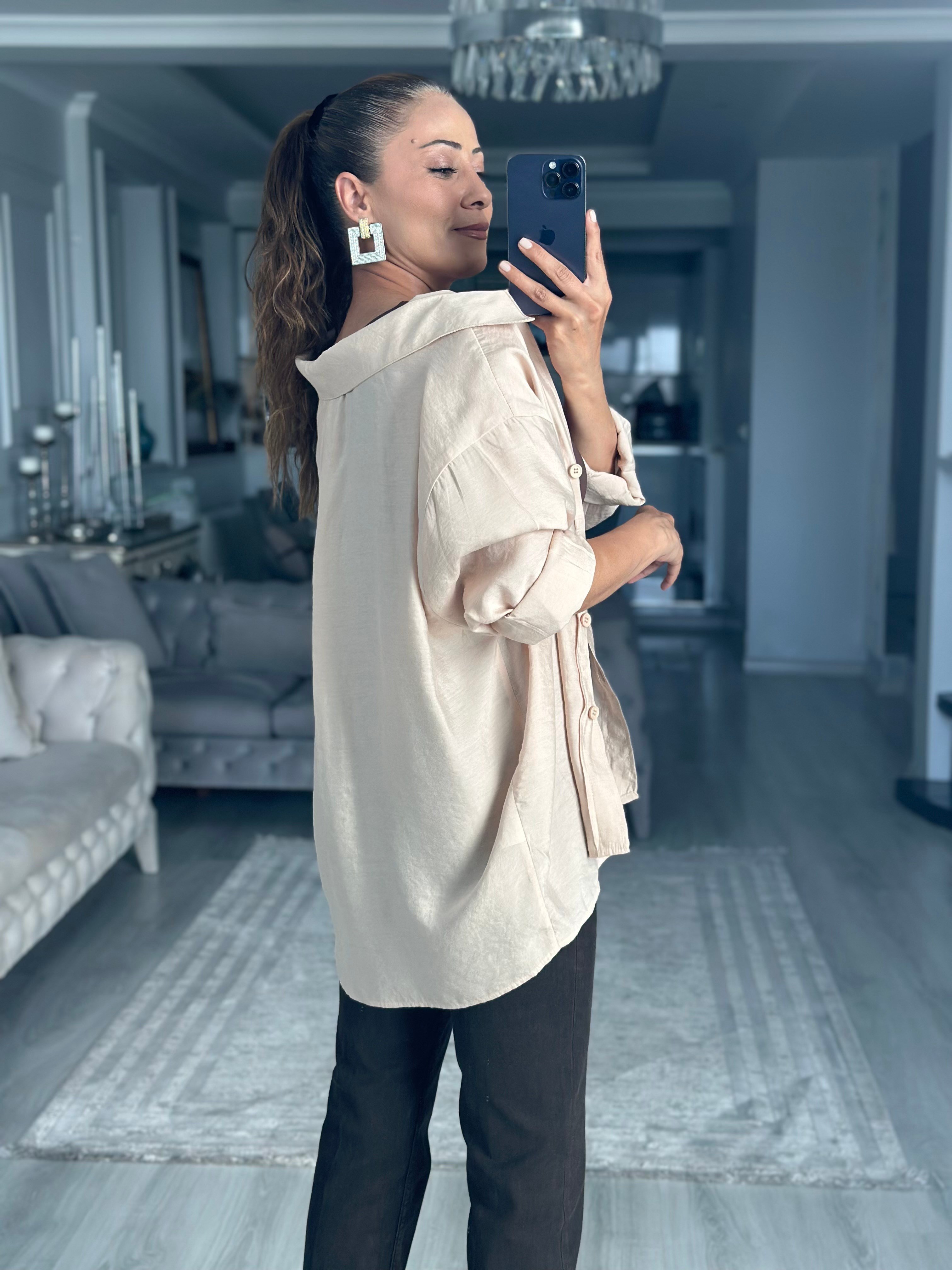 Taş Düşük Omuzlu Oversize Kadın Gömlek