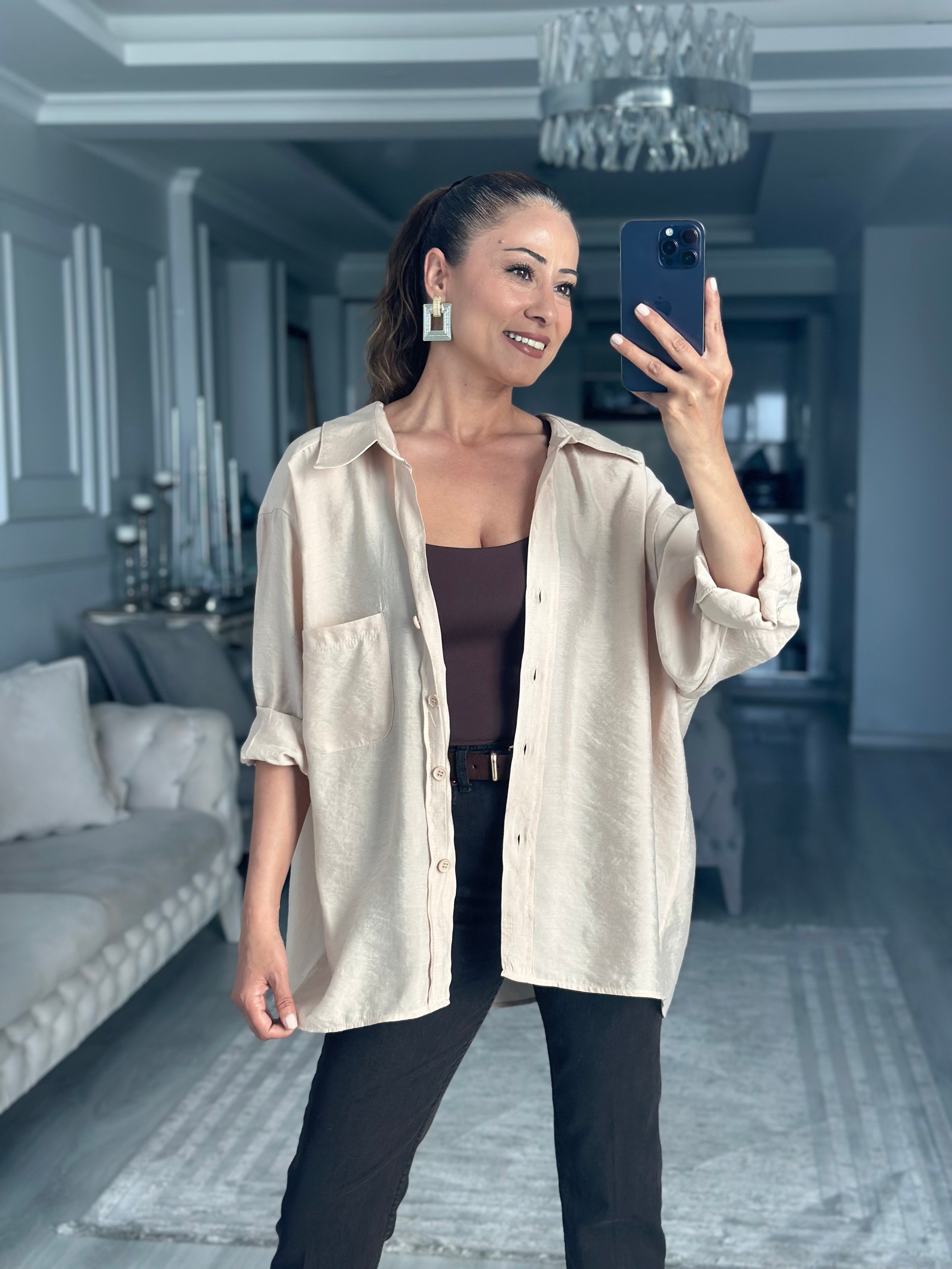 Taş Düşük Omuzlu Oversize Kadın Gömlek