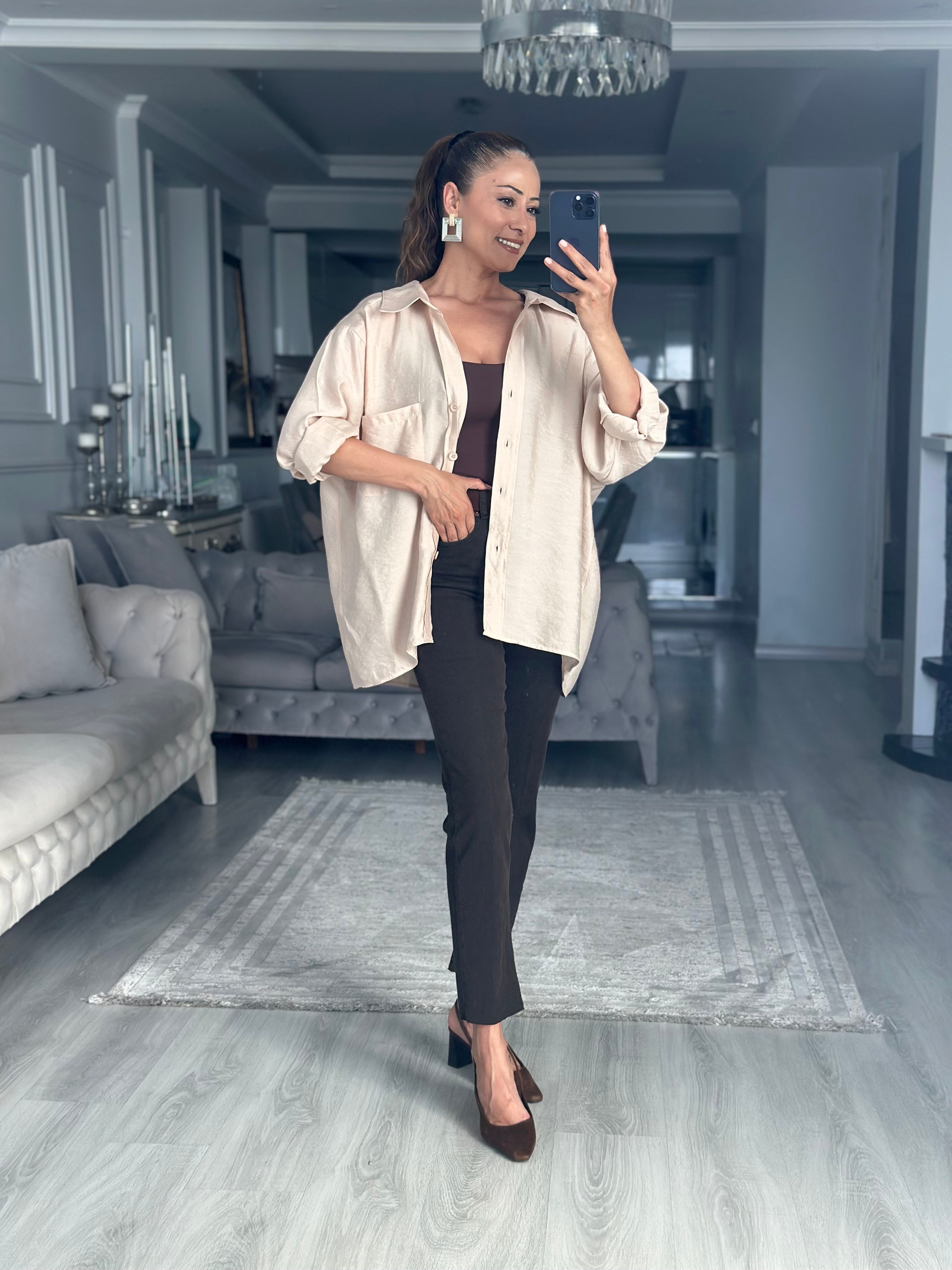 Taş Düşük Omuzlu Oversize Kadın Gömlek