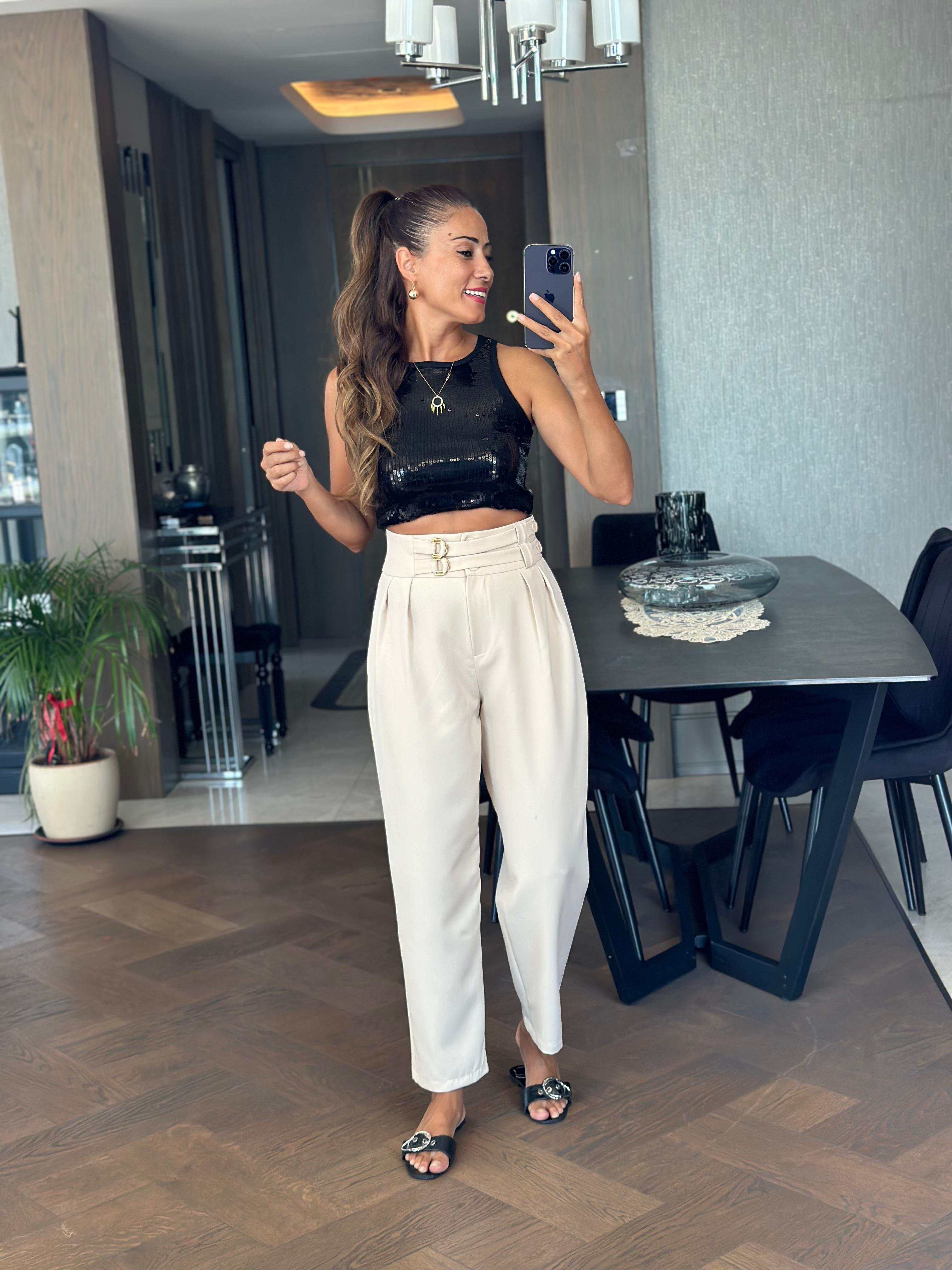 Taş Ekstra Yüksek Bel Tokalı Marka Model Kadın Pantolon