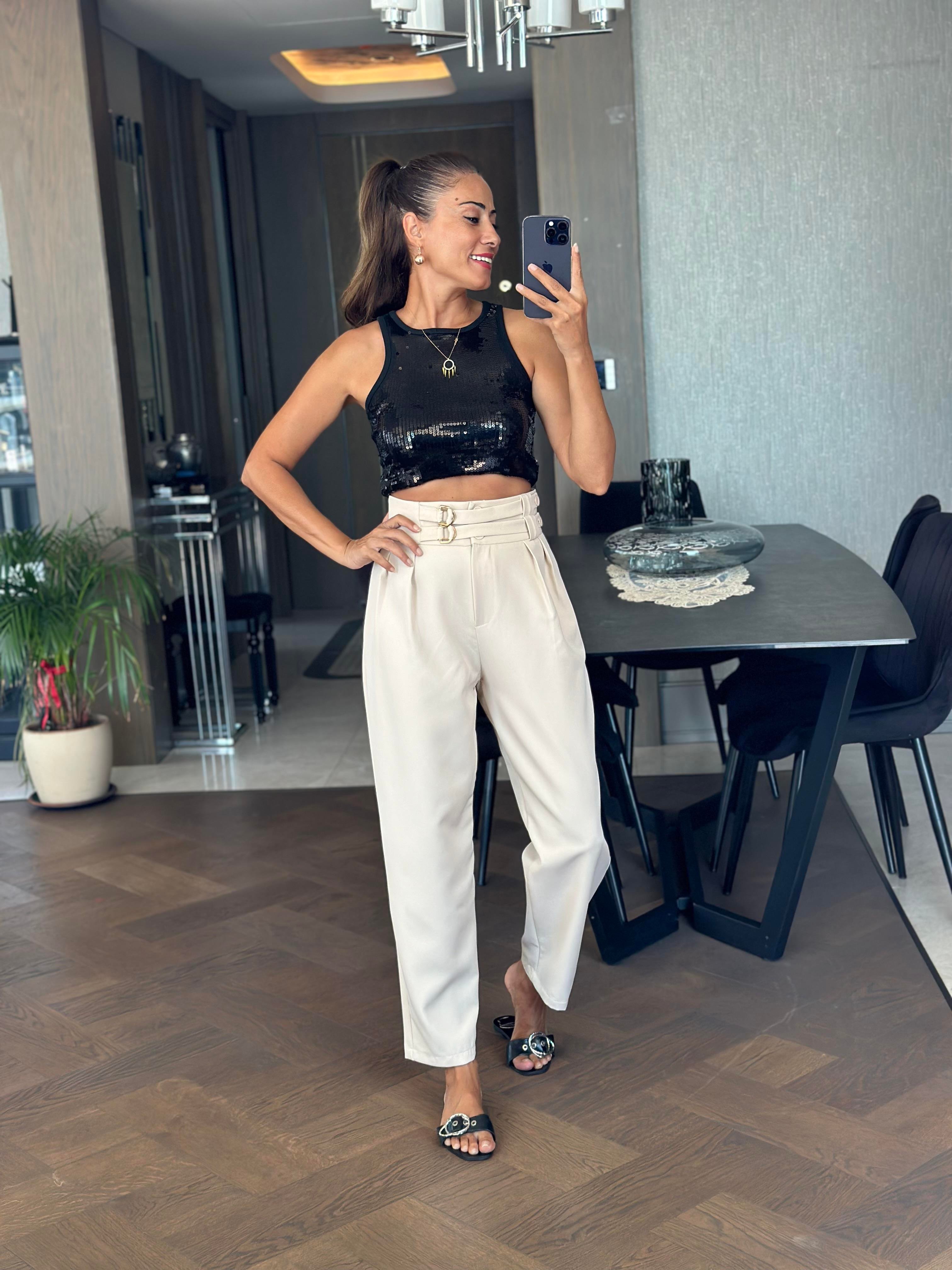 Taş Ekstra Yüksek Bel Tokalı Marka Model Kadın Pantolon