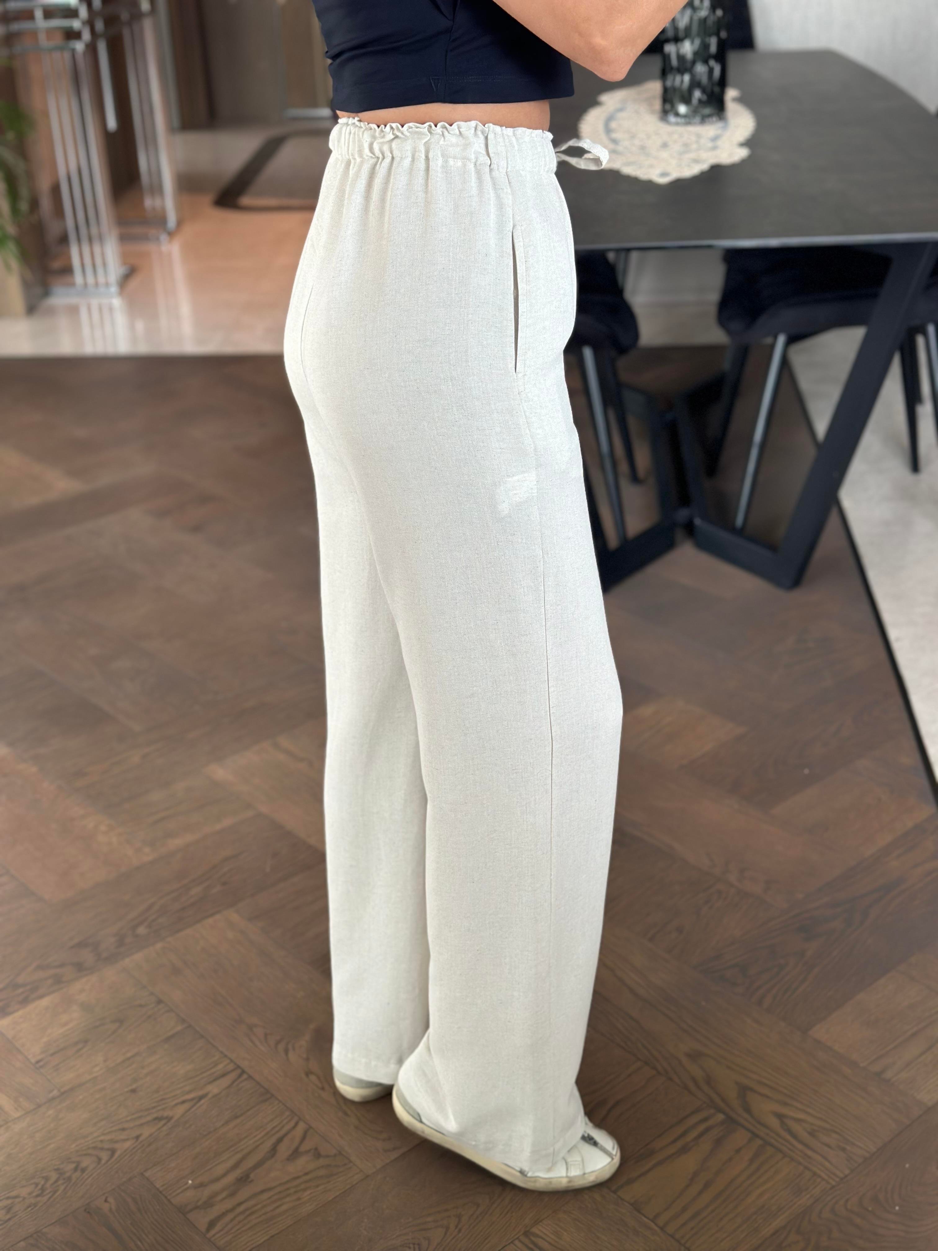 Taş Keten Cepli Beli Lastikli Palazzo Pantolon