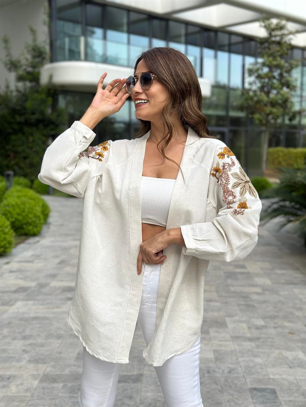 Taş Nakışlı Keten Kadın Kimono Gömlek