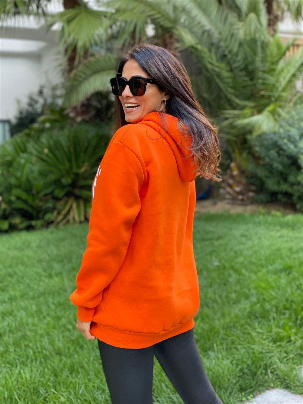 Turuncu Kapüşonlu Los Angeles Baskılı Kadın Sweatshirt