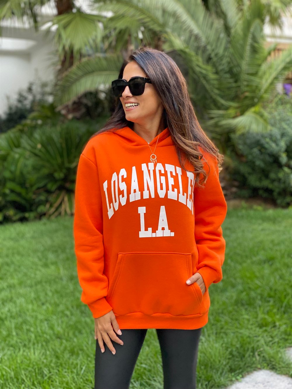 Turuncu Kapüşonlu Los Angeles Baskılı Kadın Sweatshirt