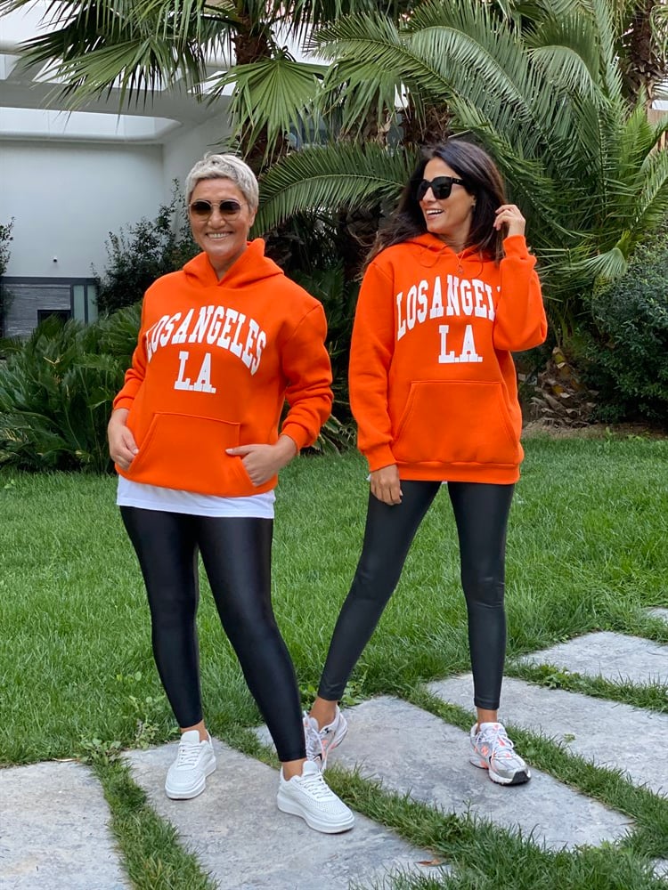 Turuncu Kapüşonlu Los Angeles Baskılı Kadın Sweatshirt