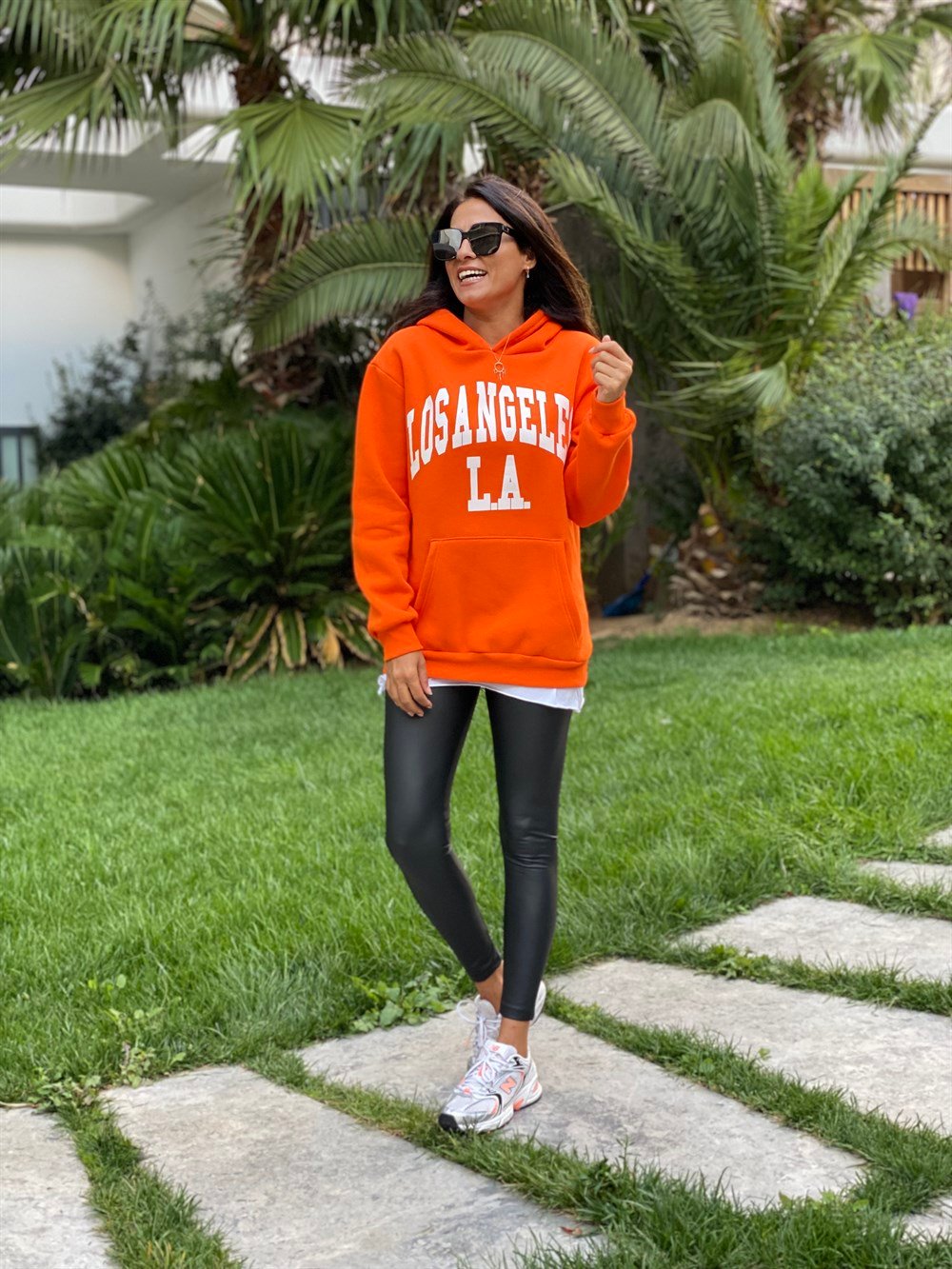 Turuncu Kapüşonlu Los Angeles Baskılı Kadın Sweatshirt