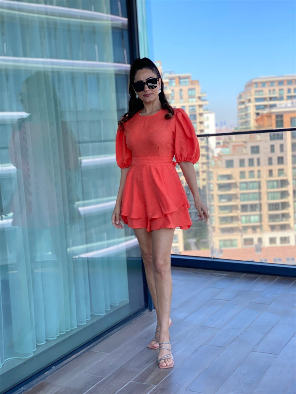 Turuncu Karpuz Kol Kuşaklı Şort Etek Elbise