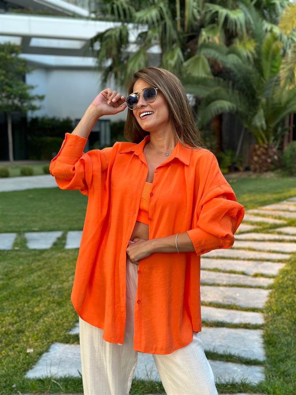 Turuncu Tensel  Oversize Kadın Gömlek