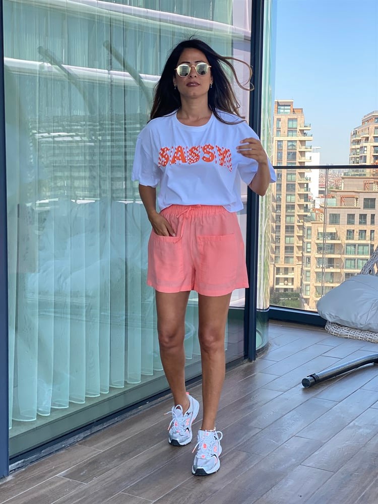 Turuncu Torba Cepli Aerobin Kadın Şort