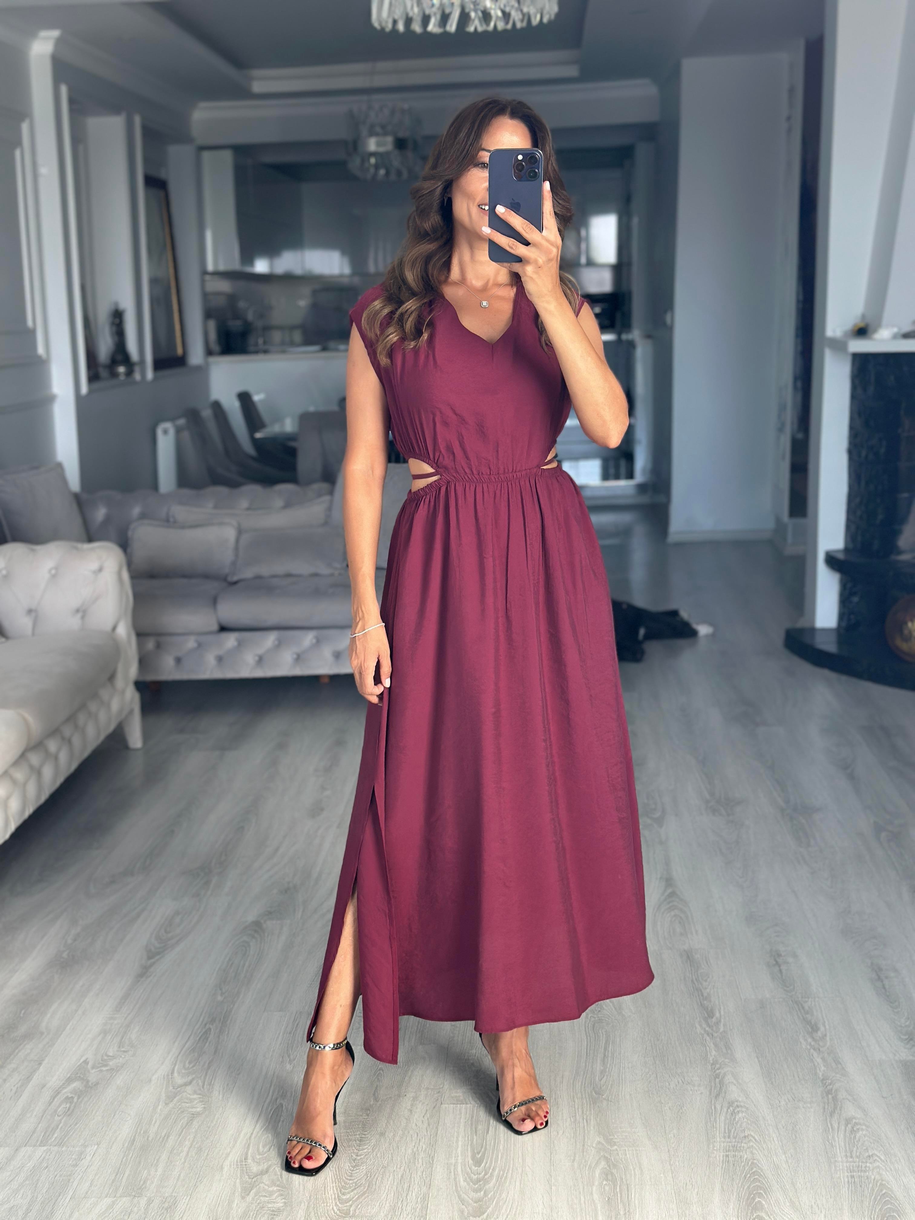 Vişne Beli Lastikli Bağcıklı Dekolteli Midi Boy Kadın Elbise