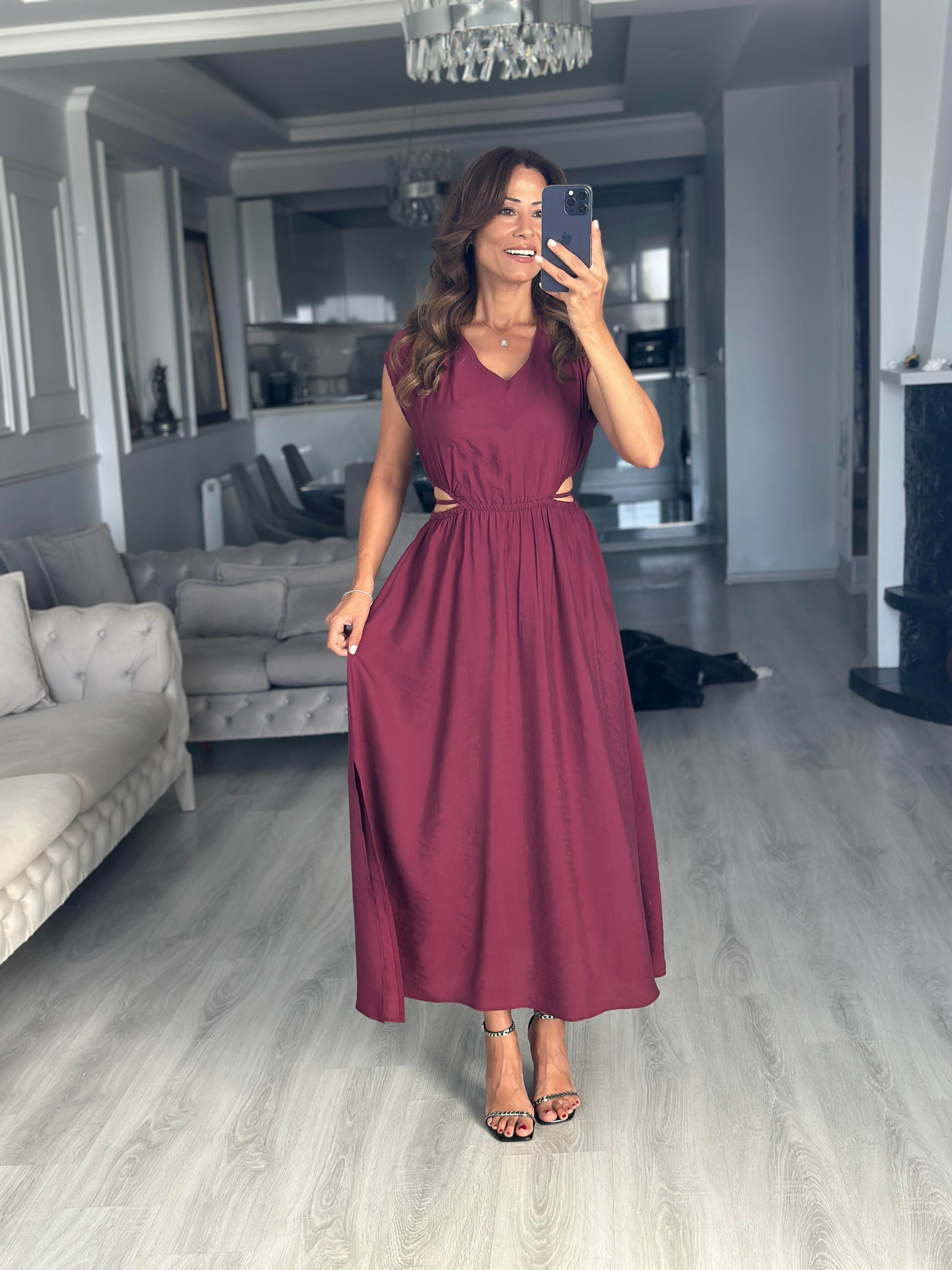 Vişne Beli Lastikli Bağcıklı Dekolteli Midi Boy Kadın Elbise