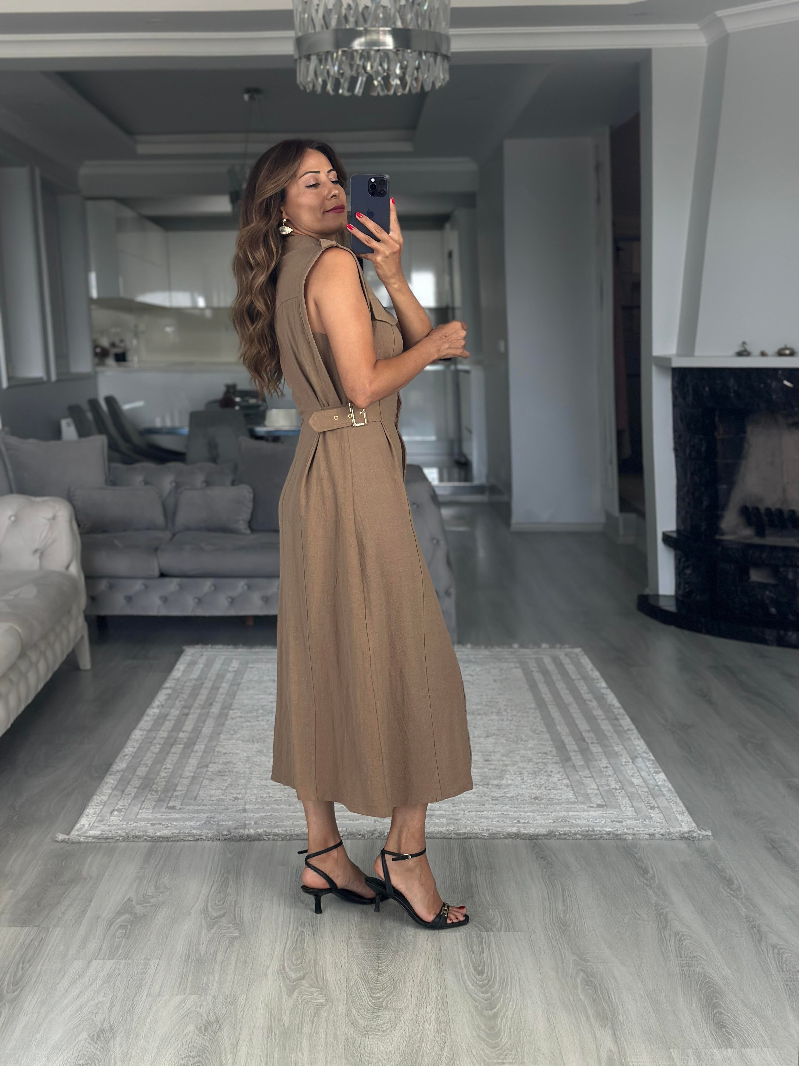 Vizon Apoletli Sıfır Kol Midi Boy Kadın Gömlek Elbise