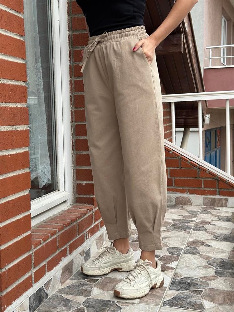 Vizon Bel Lastikli Paça Pensli Gabardin Kadın Pantolon
