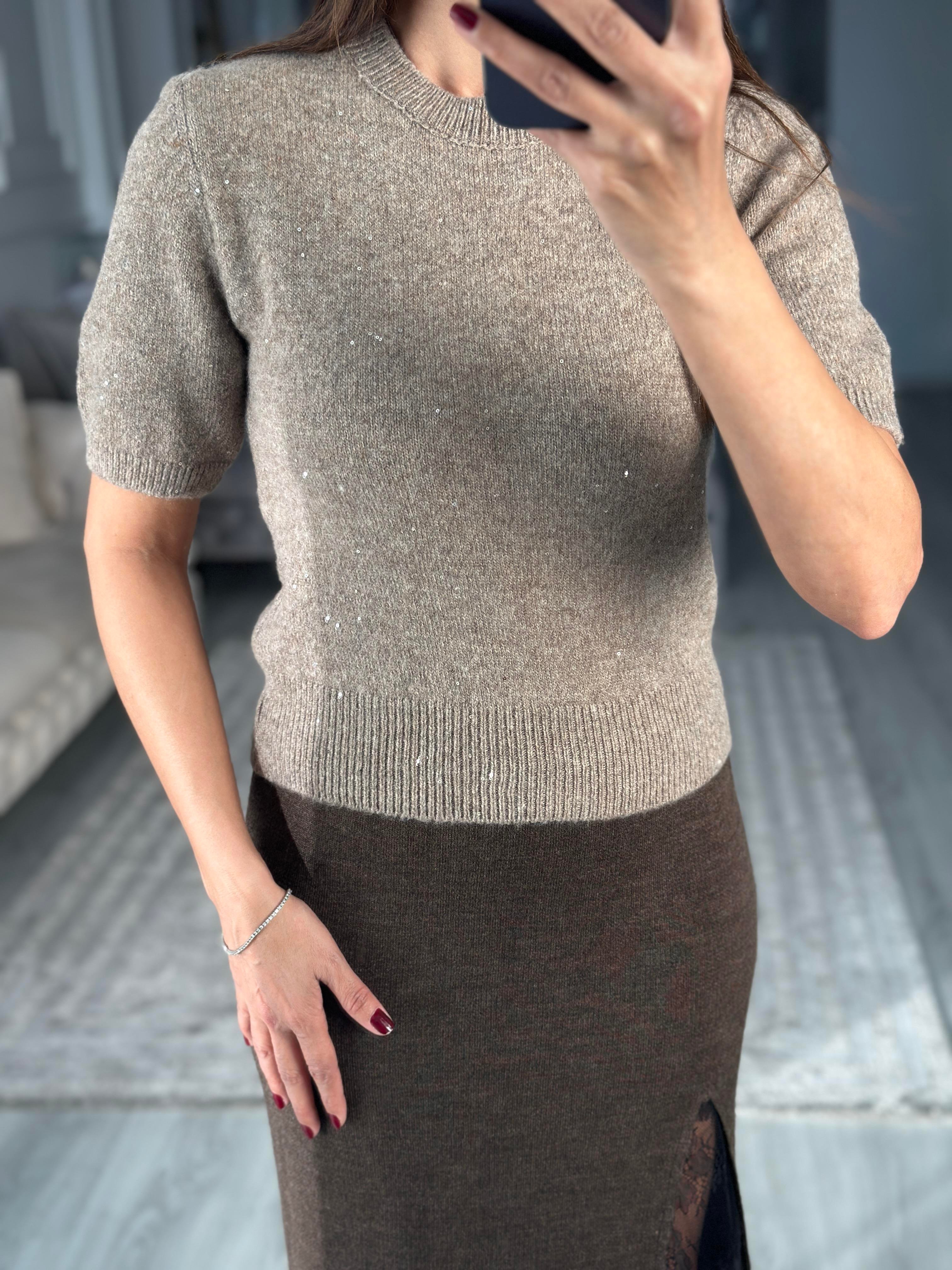 Vizon Bisiklet Yaka Kısa Kol Pullu Simli Kazak