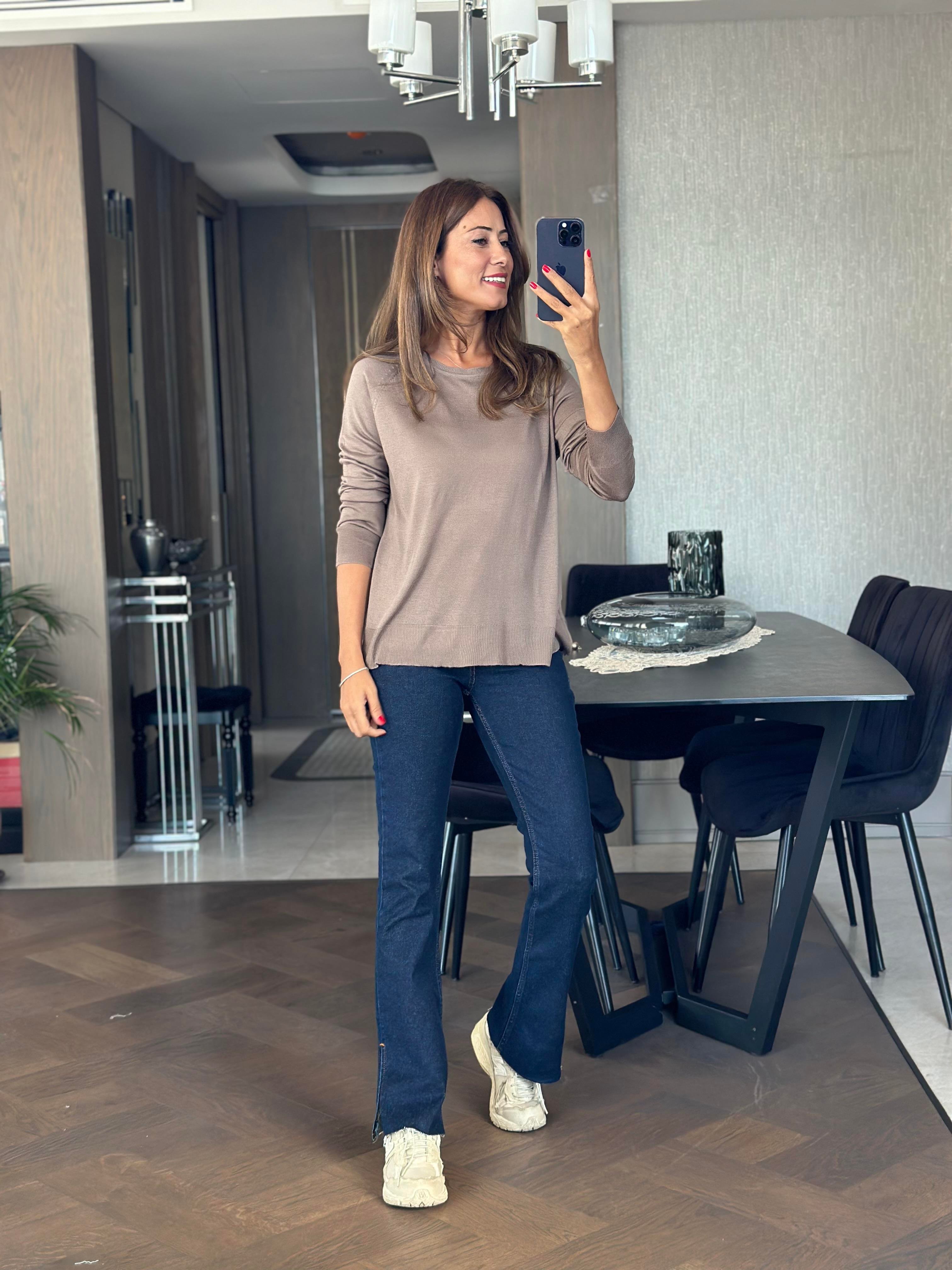 Vizon Bisiklet Yaka Uzun Kol Dlvn Düz Merserize Kadın Bluz