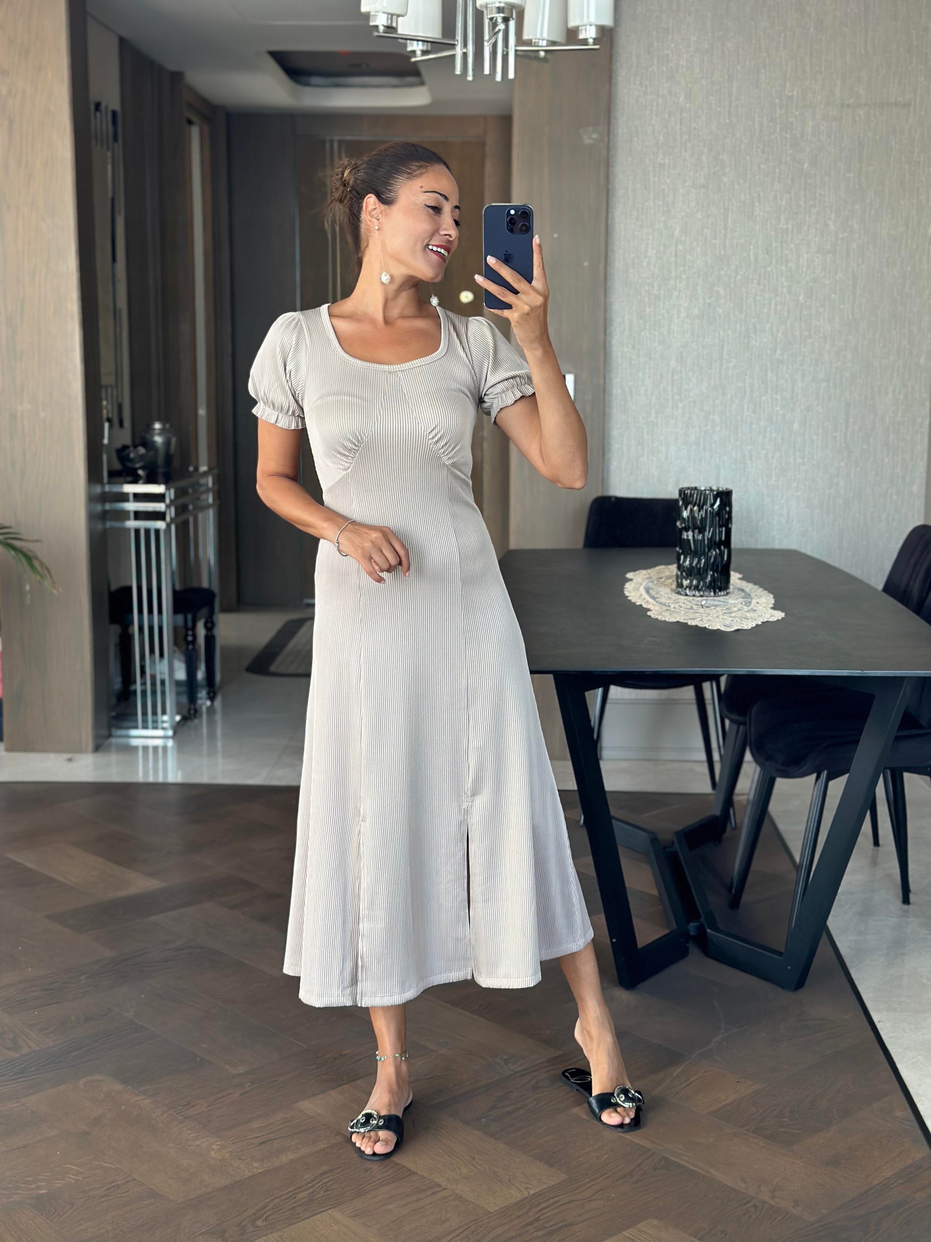 Vizon Fitilli Örme Kumaş Prenses Kol Yırtmaçlı Kadın Elbise