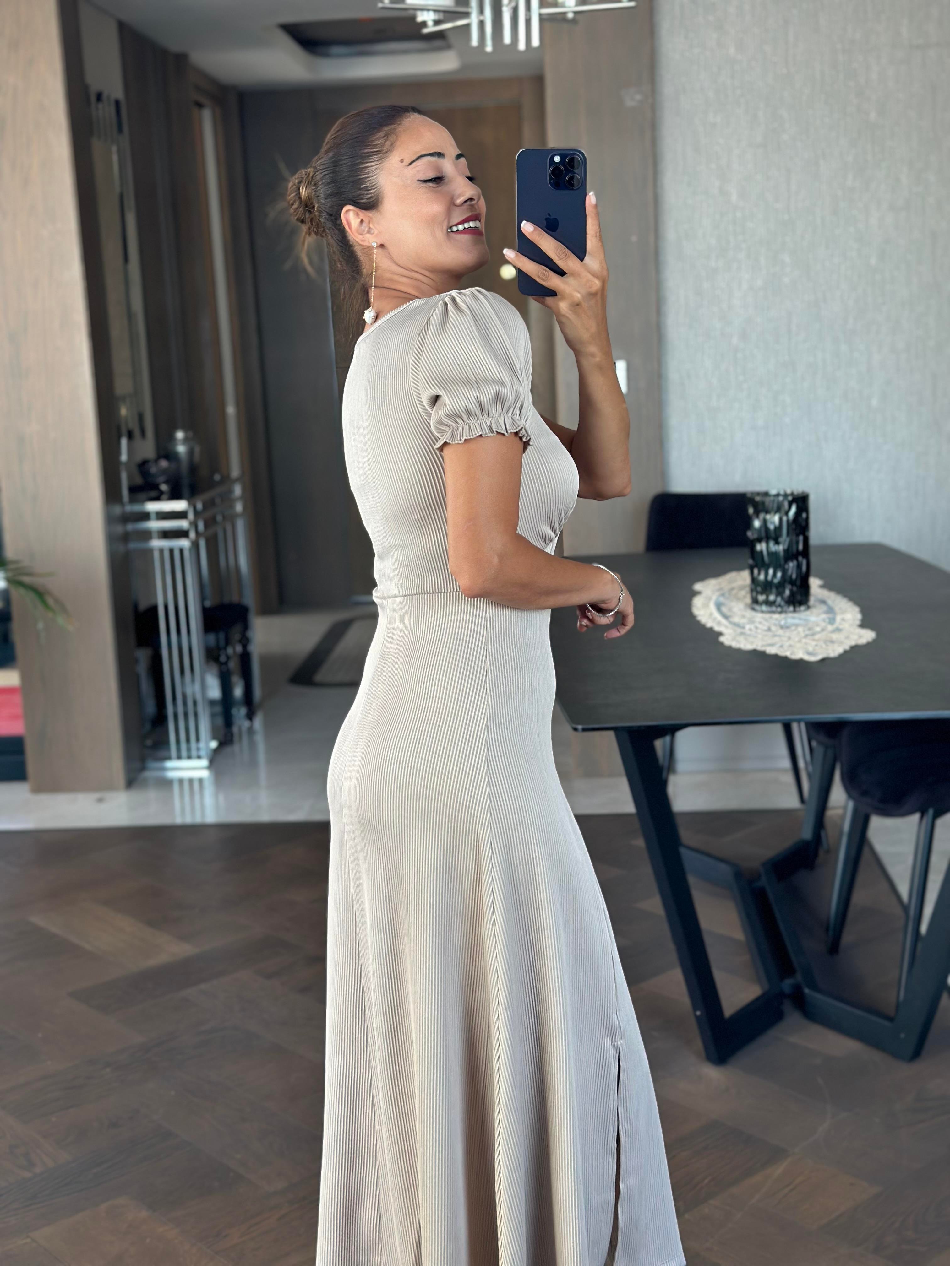 Vizon Fitilli Örme Kumaş Prenses Kol Yırtmaçlı Kadın Elbise