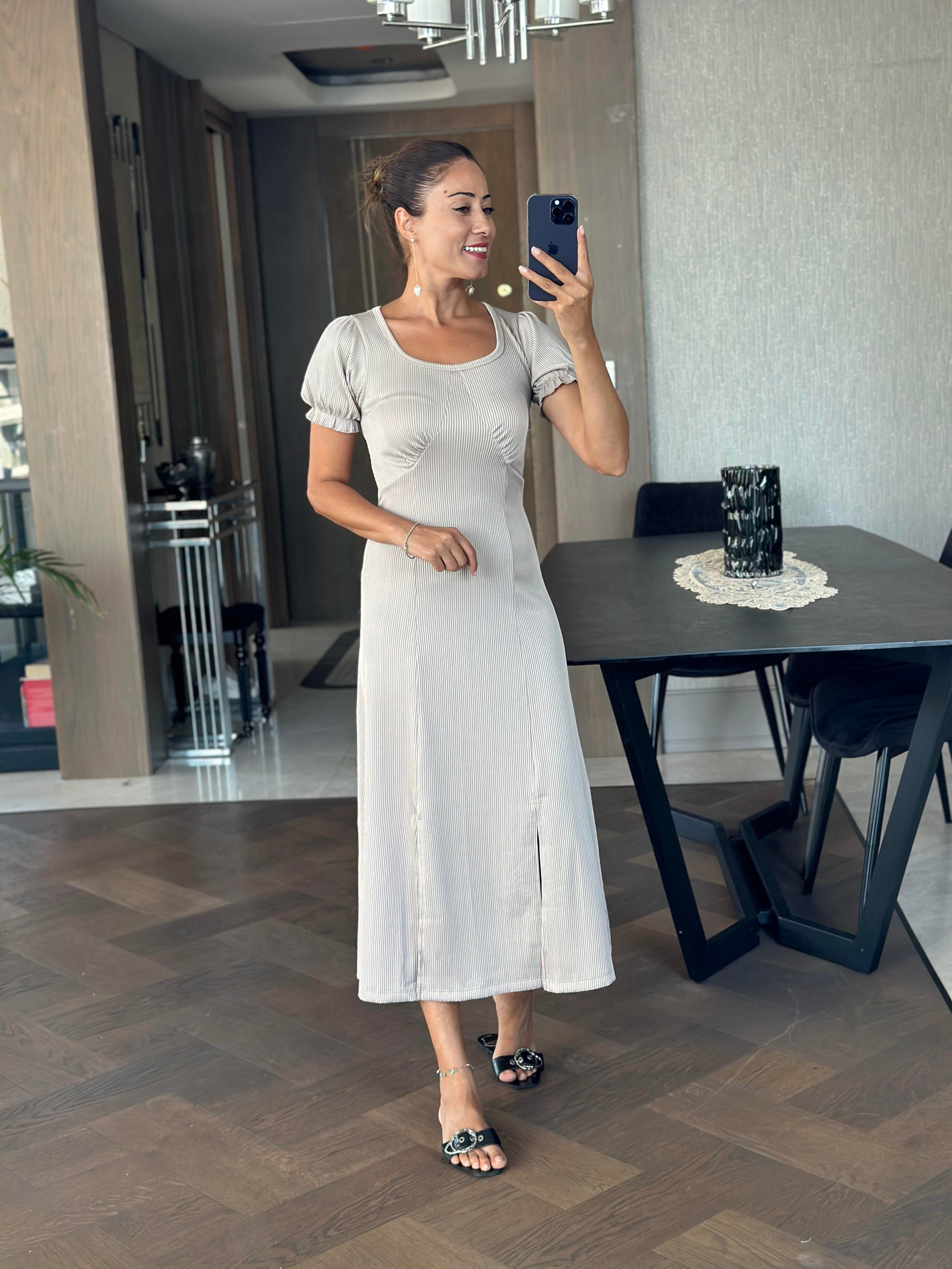 Vizon Fitilli Örme Kumaş Prenses Kol Yırtmaçlı Kadın Elbise