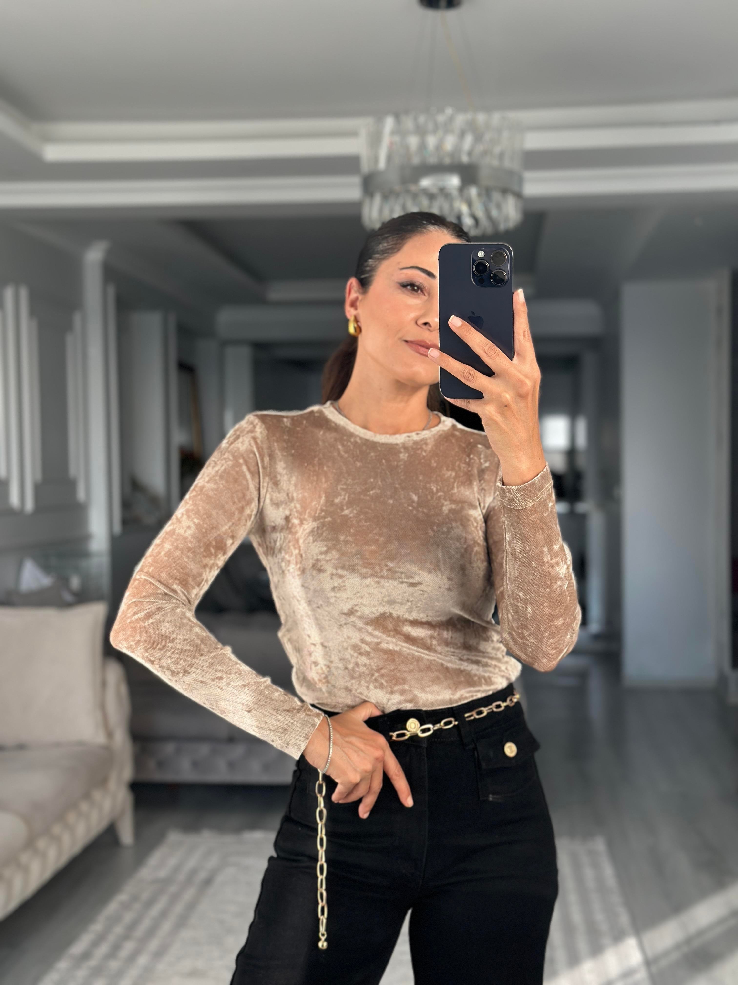 Vizon Kadife Dokulu Bisiklet Yaka Transparan Kadın Bluz