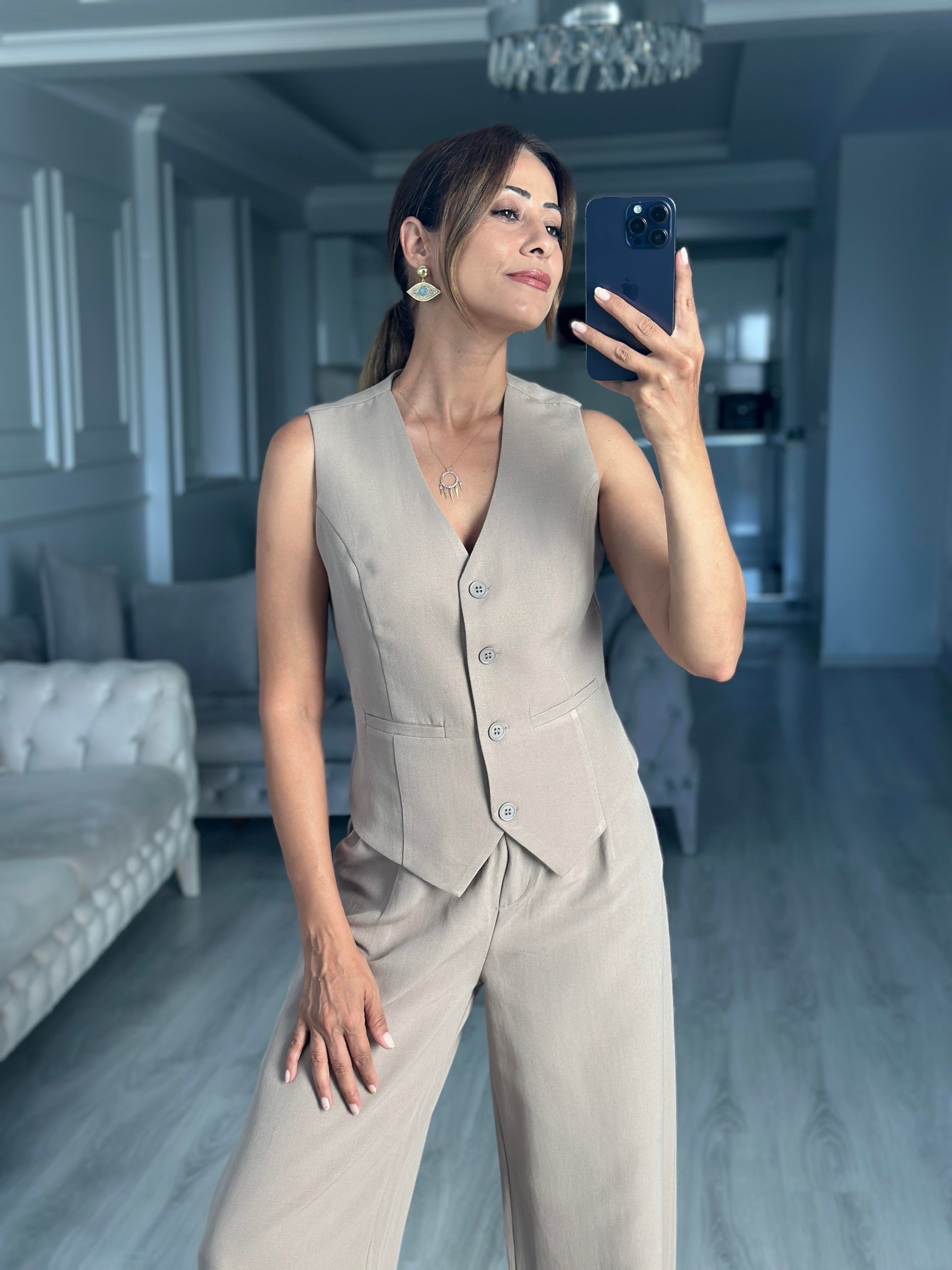 Vizon Terni Yelek Pantolon Kadın Keten Alt Üst Takım