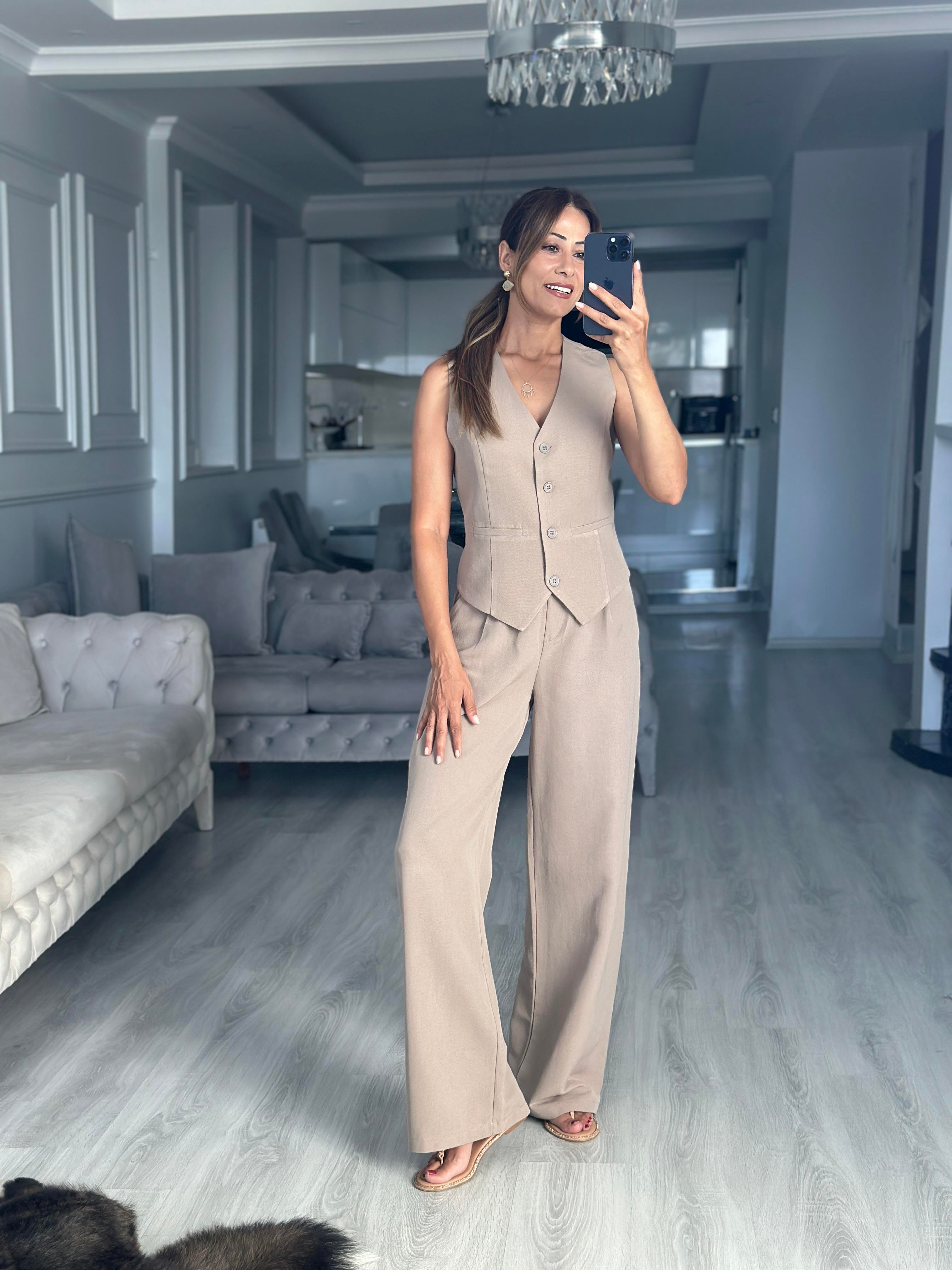 Vizon Terni Yelek Pantolon Kadın Keten Alt Üst Takım