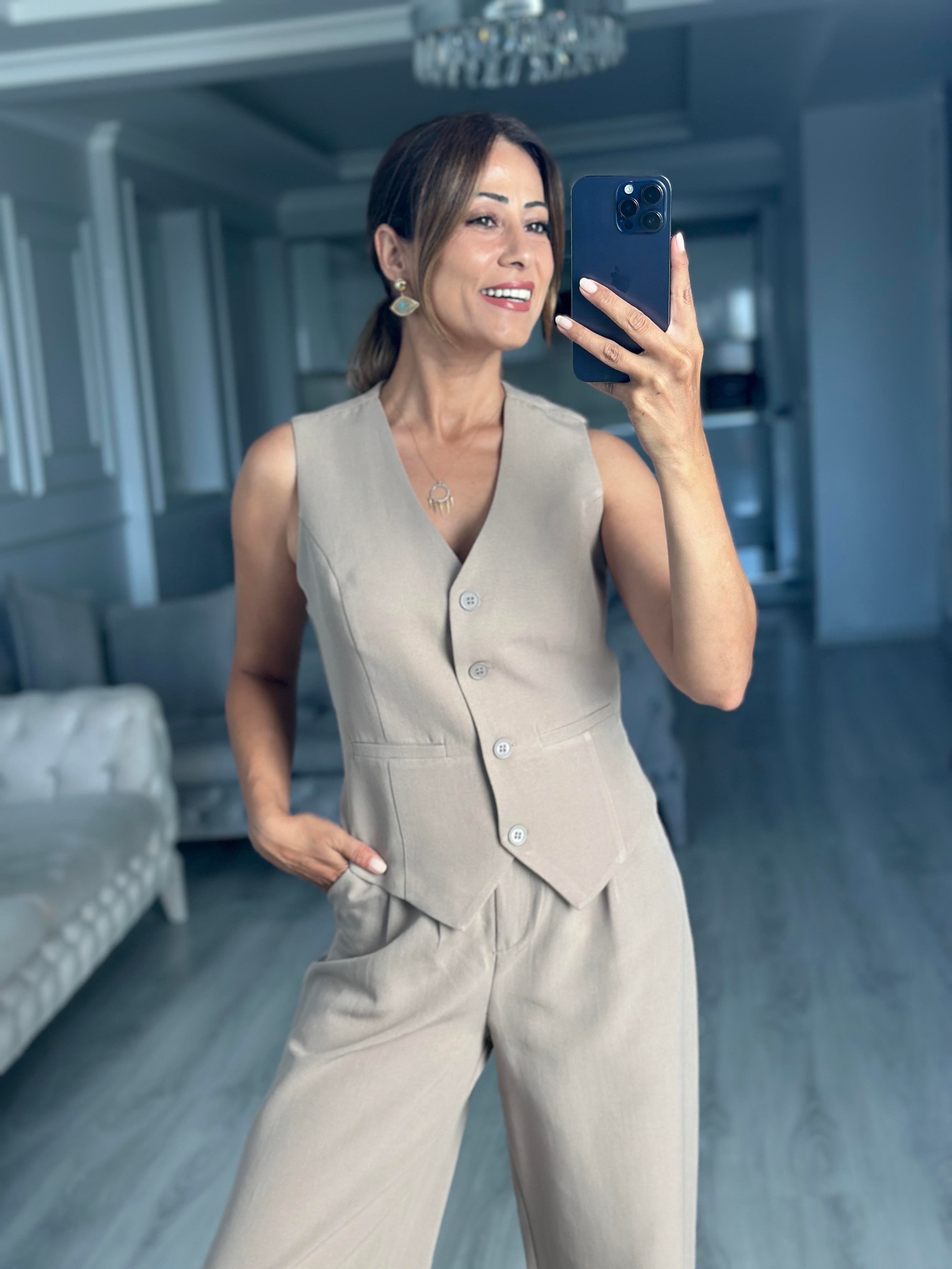 Vizon Terni Yelek Pantolon Kadın Keten Alt Üst Takım