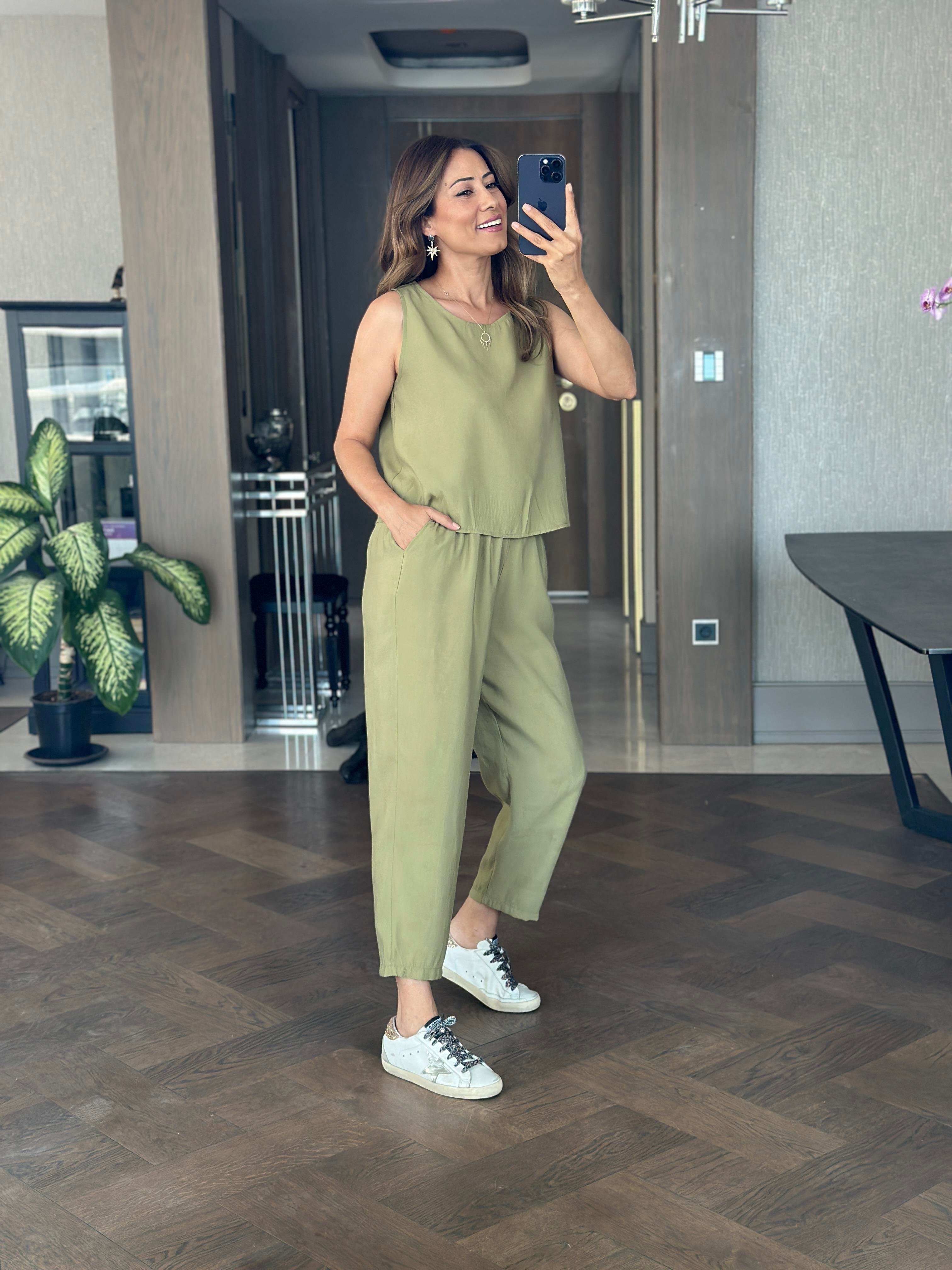 Yağ Yeşili Bisiklet Yaka Sıfır Kol Bluz Pantolon Tnsl Alt Üst Takım