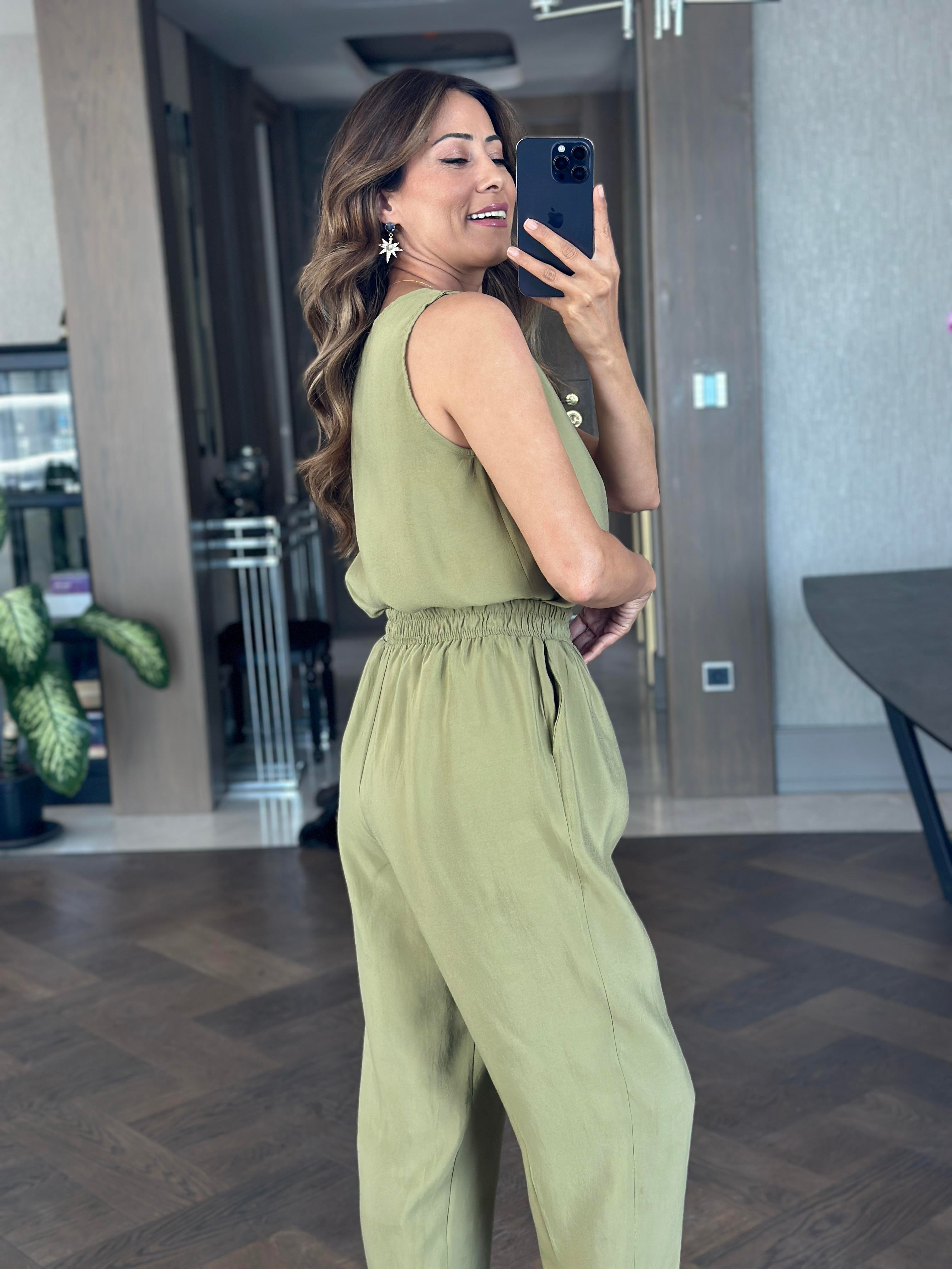 Yağ Yeşili Bisiklet Yaka Sıfır Kol Bluz Pantolon Tnsl Alt Üst Takım