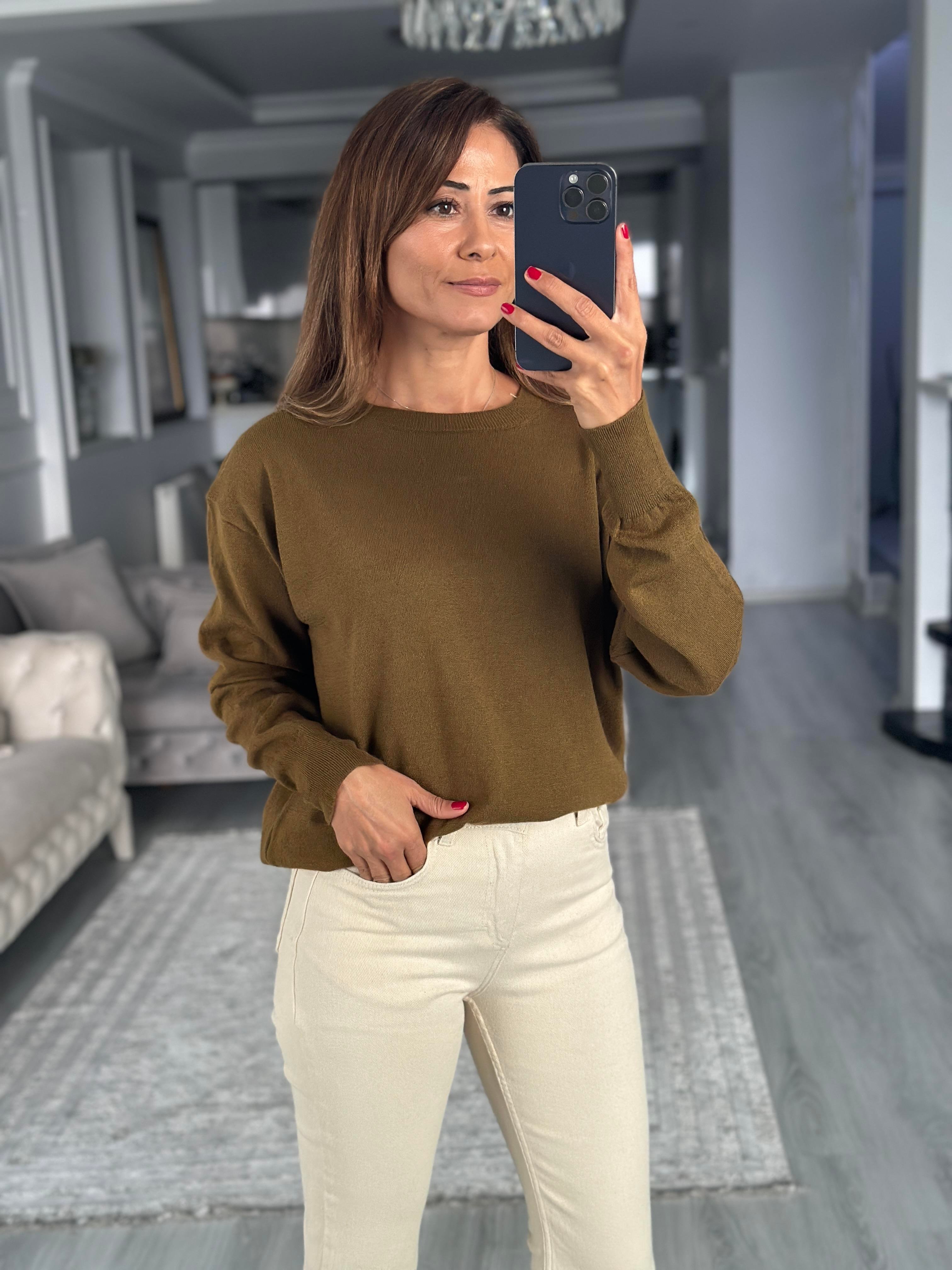 Yağ Yeşili Bisiklet Yaka Yünlü Basic Kadın Triko Kazak