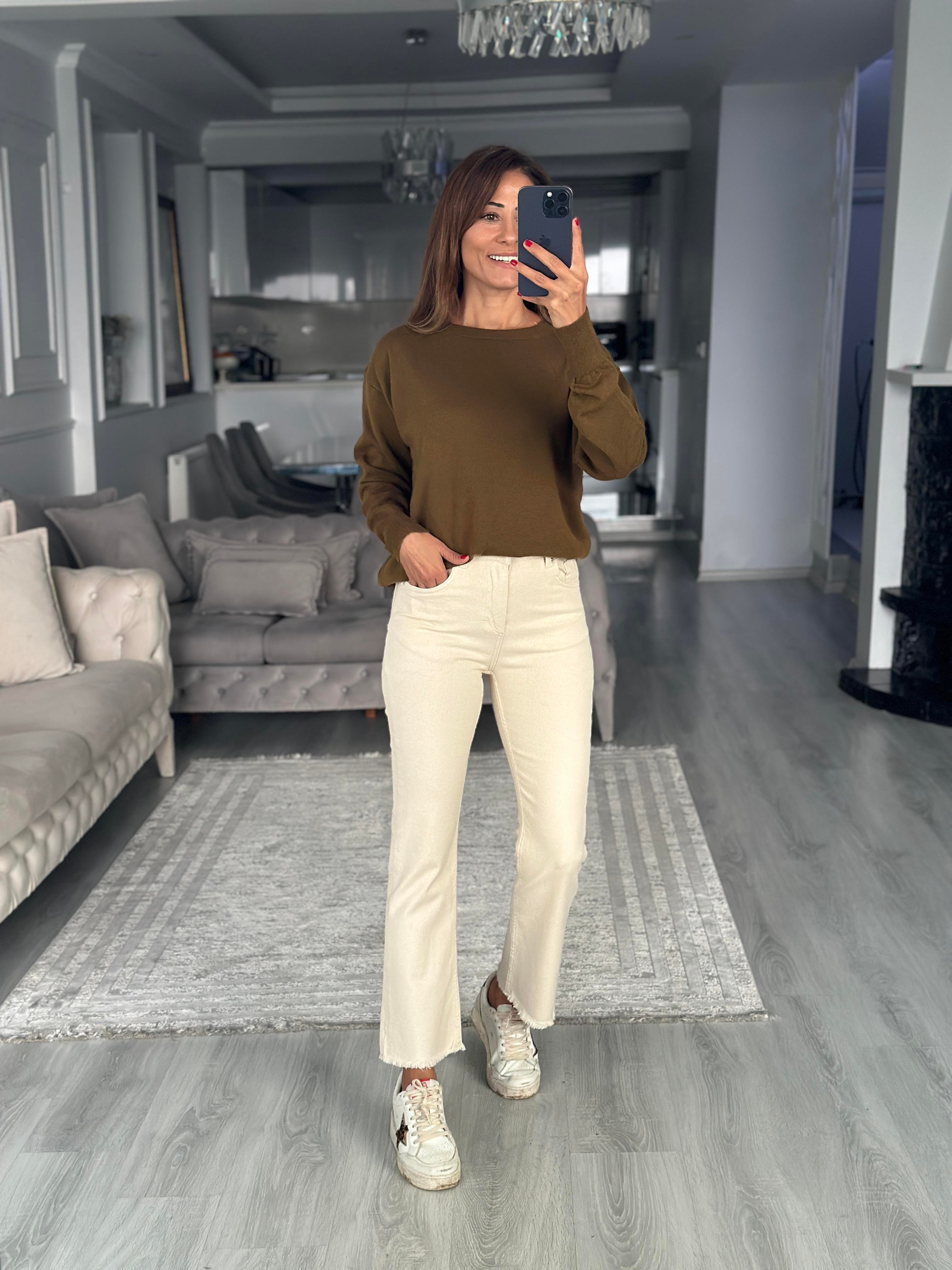 Yağ Yeşili Bisiklet Yaka Yünlü Basic Kadın Triko Kazak