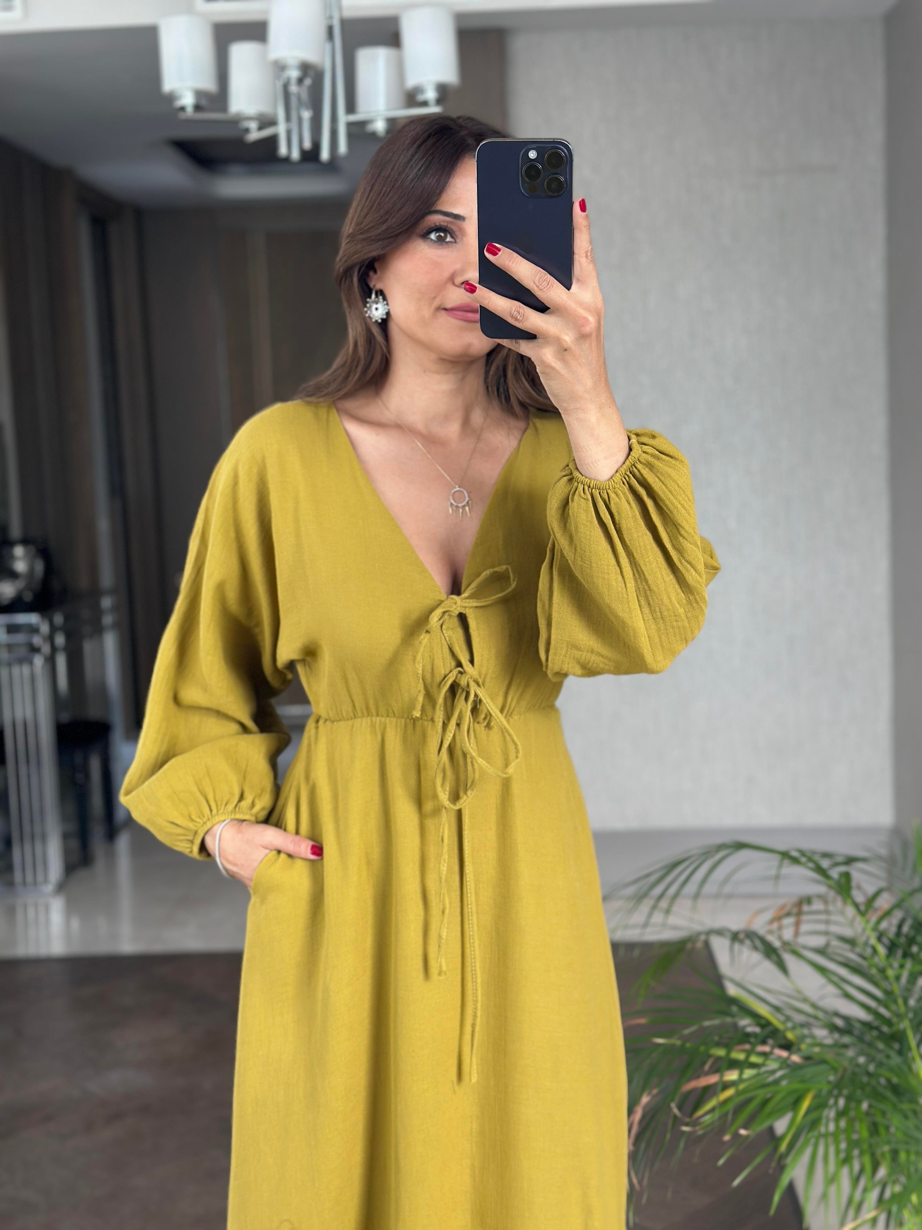 Yağ Yeşili Müslin Önü Bağcıklı Kol Ucu Lastikli Kadın Midi Boy Elbise