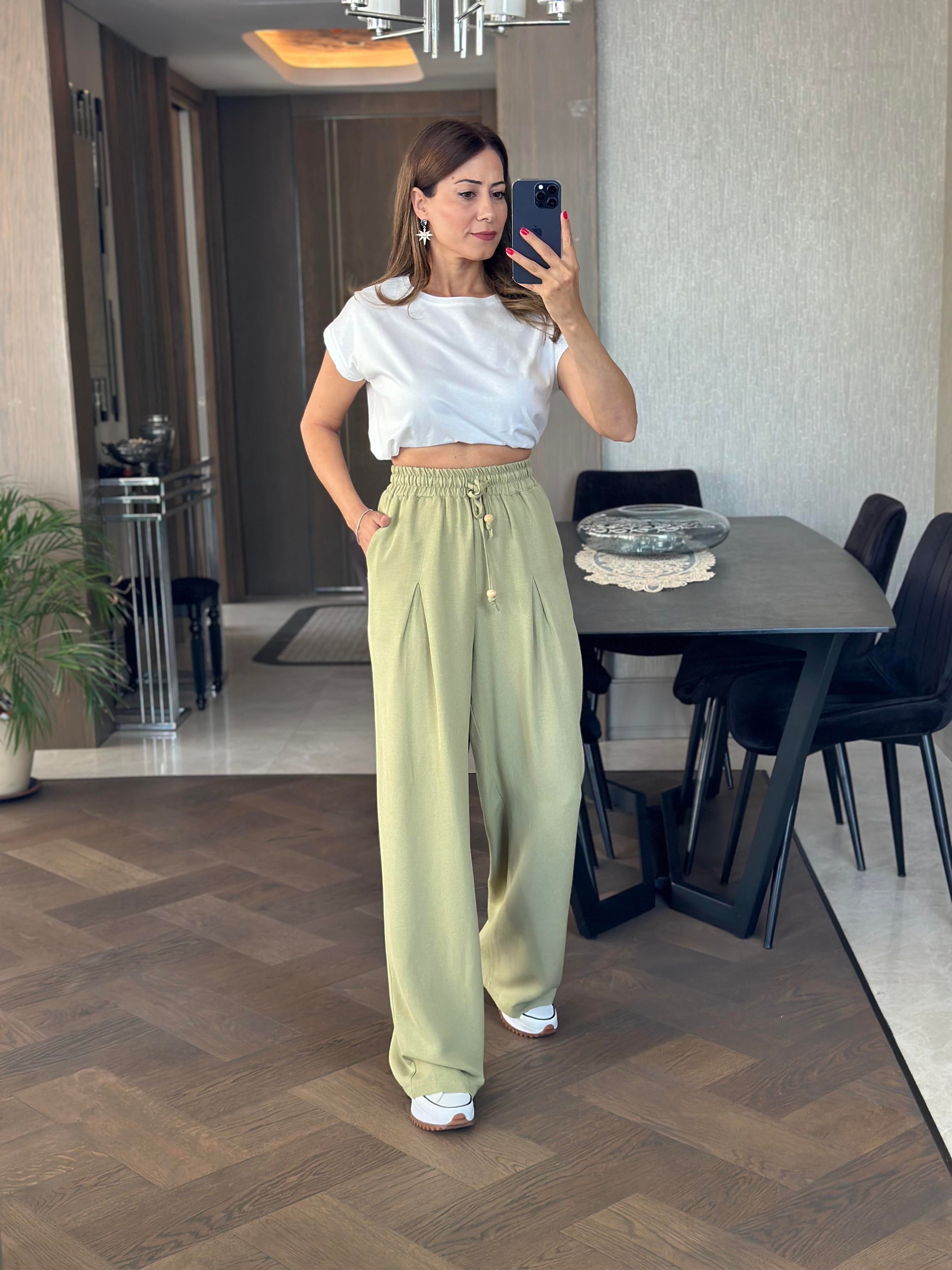 Yağ Yeşili Pensli Beli Bağcıklı Ve Lastikli Keten Kadın Bol Paça Pantolon