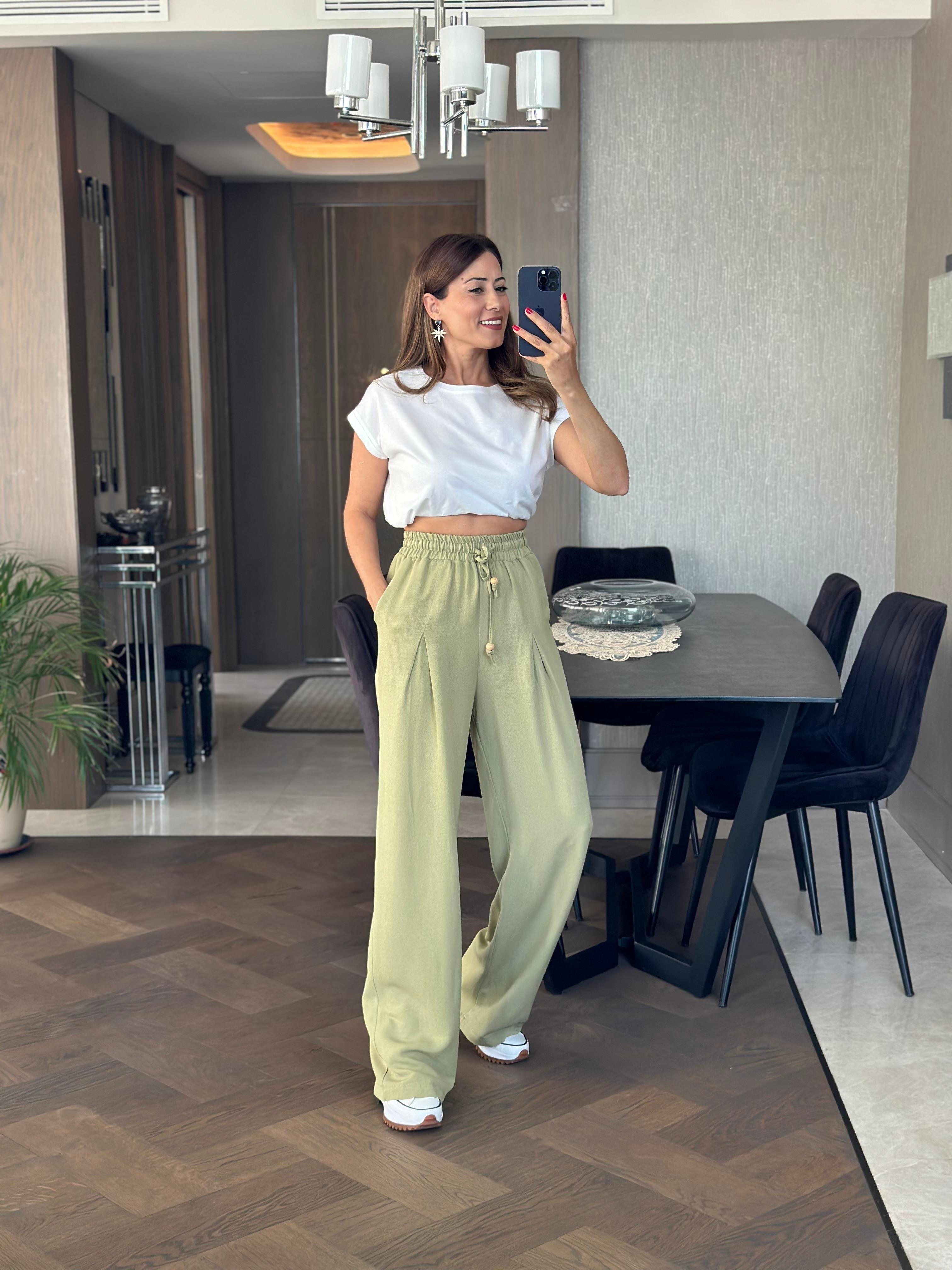 Yağ Yeşili Pensli Beli Bağcıklı Ve Lastikli Keten Kadın Bol Paça Pantolon