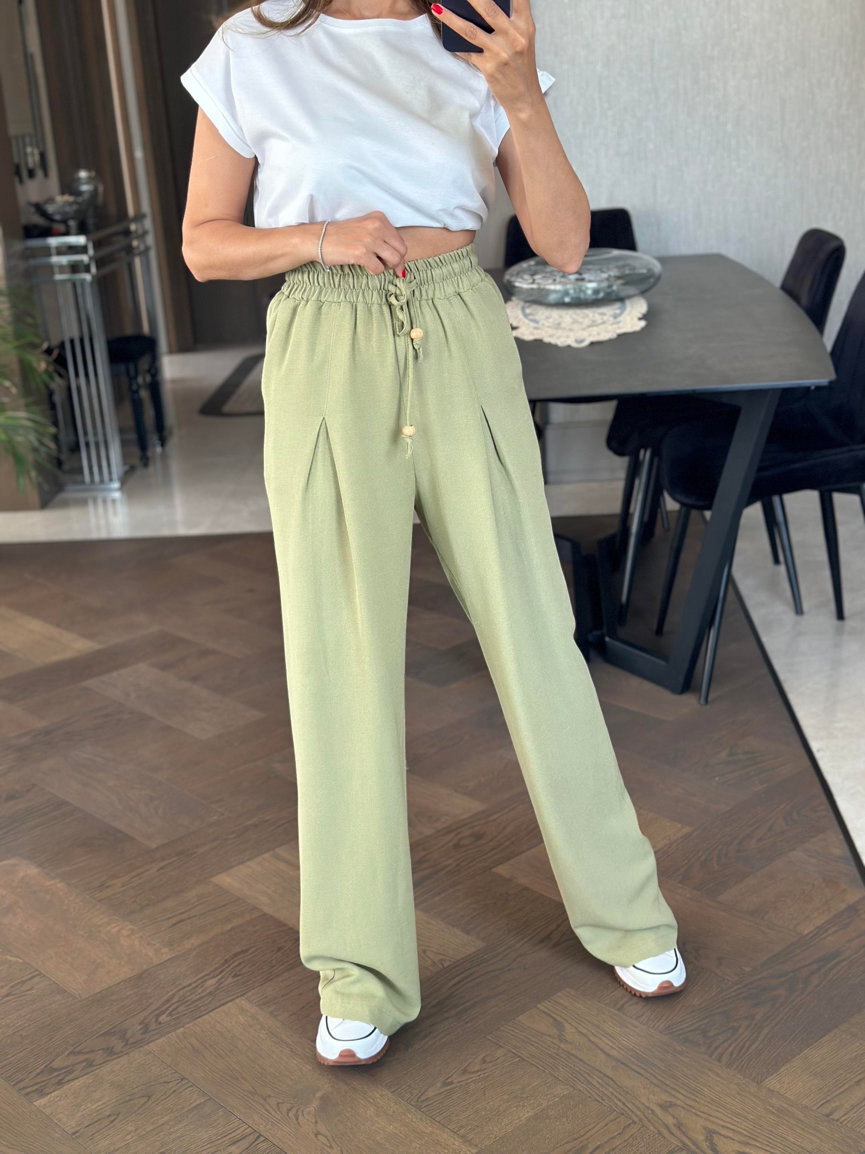 Yağ Yeşili Pensli Beli Bağcıklı Ve Lastikli Keten Kadın Bol Paça Pantolon