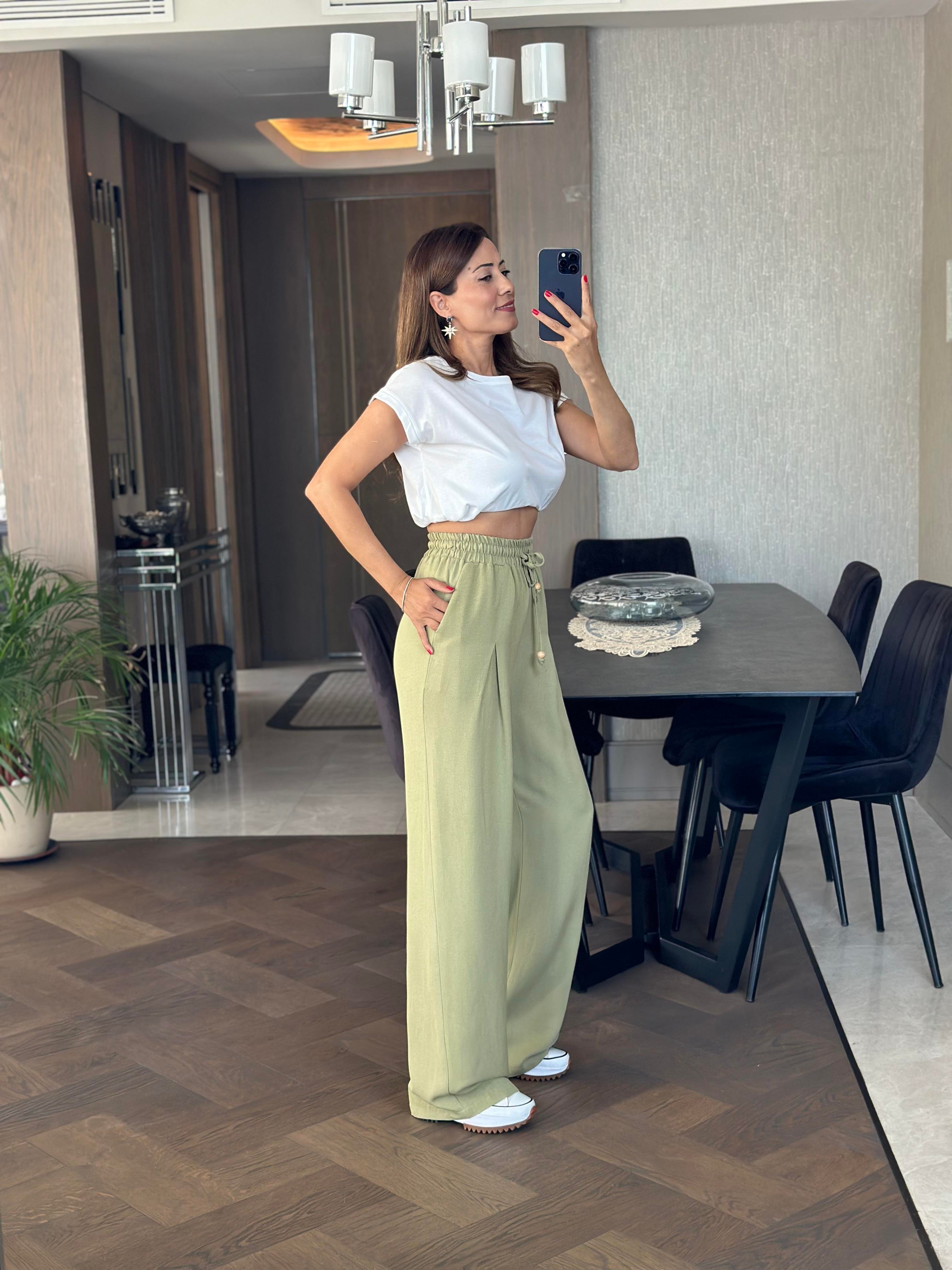 Yağ Yeşili Pensli Beli Bağcıklı Ve Lastikli Keten Kadın Bol Paça Pantolon