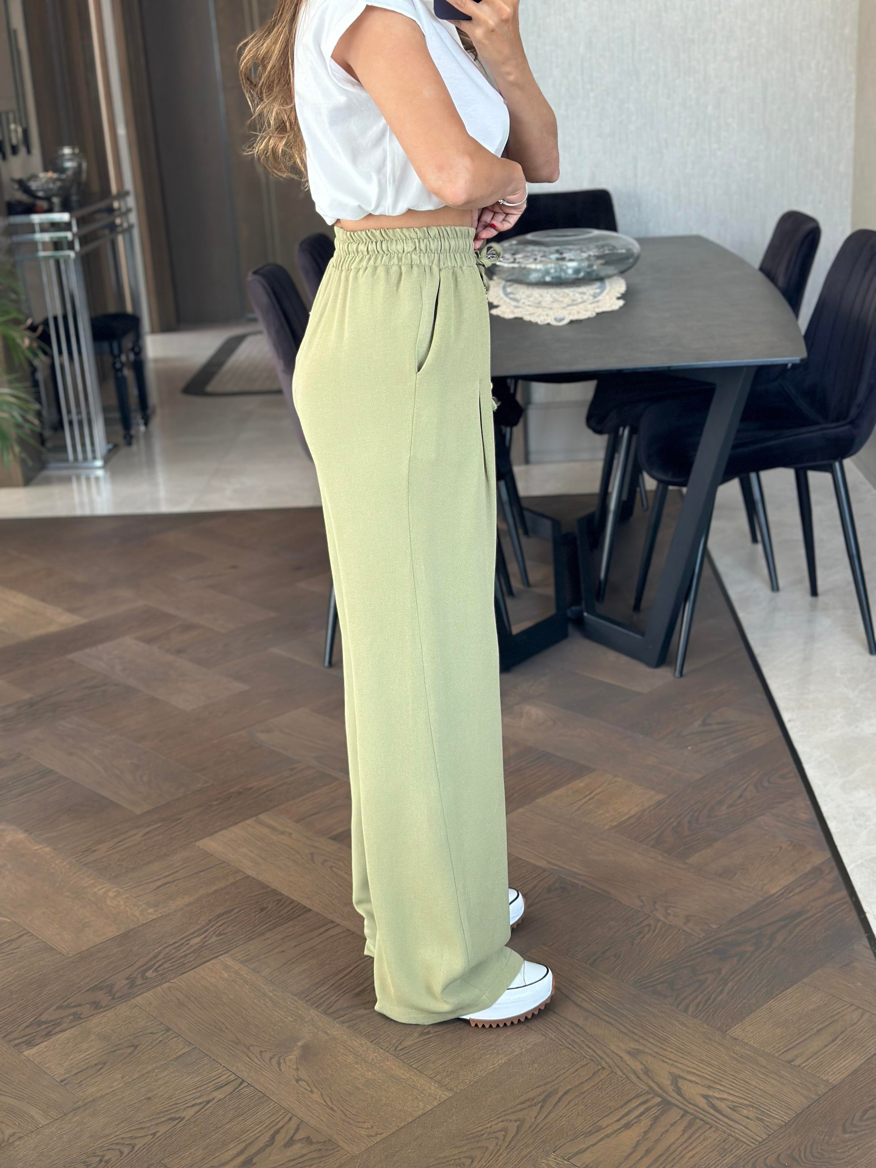 Yağ Yeşili Pensli Beli Bağcıklı Ve Lastikli Keten Kadın Bol Paça Pantolon