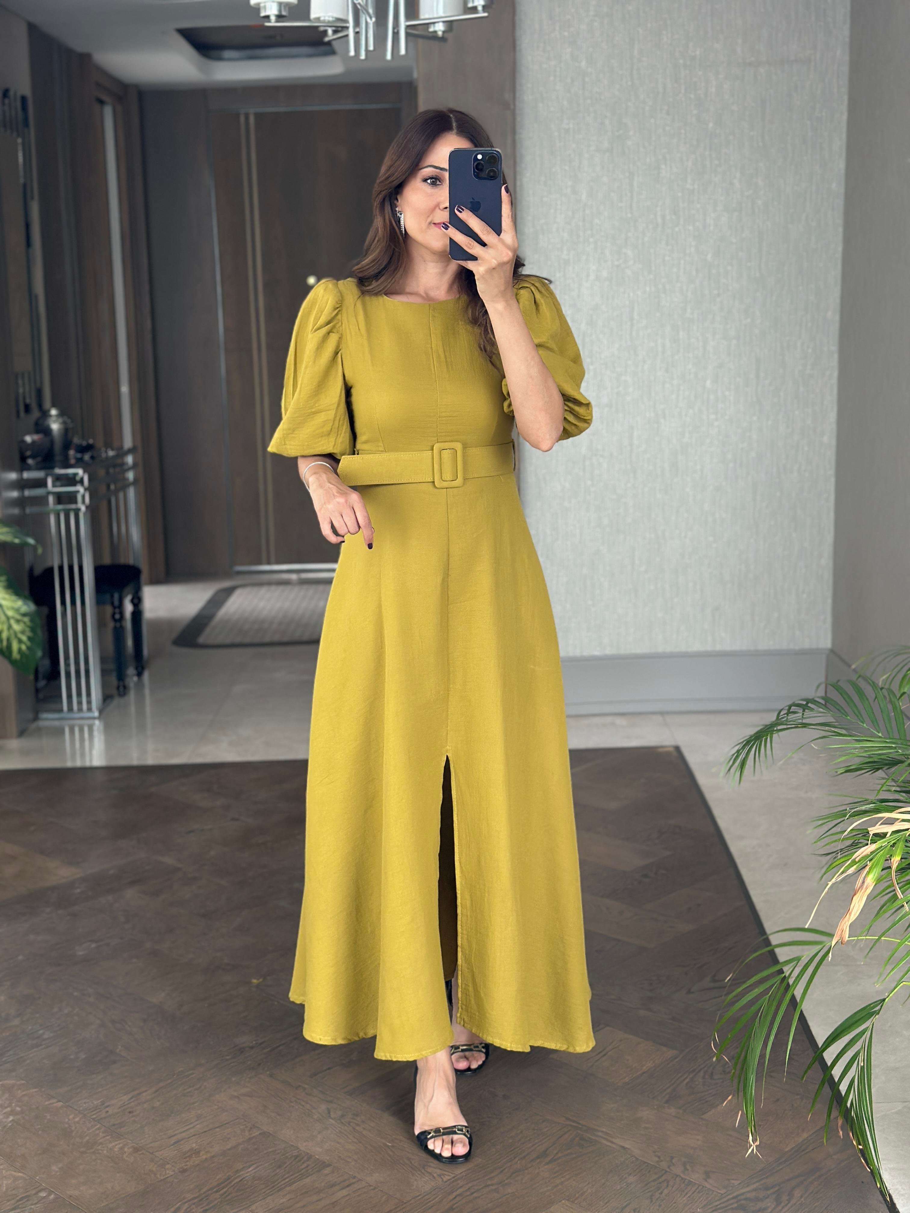 Yağ Yeşili Prenses Kol Vatkalı Kemerli Müslin Kumaş Kadın Midi Boy Elbise