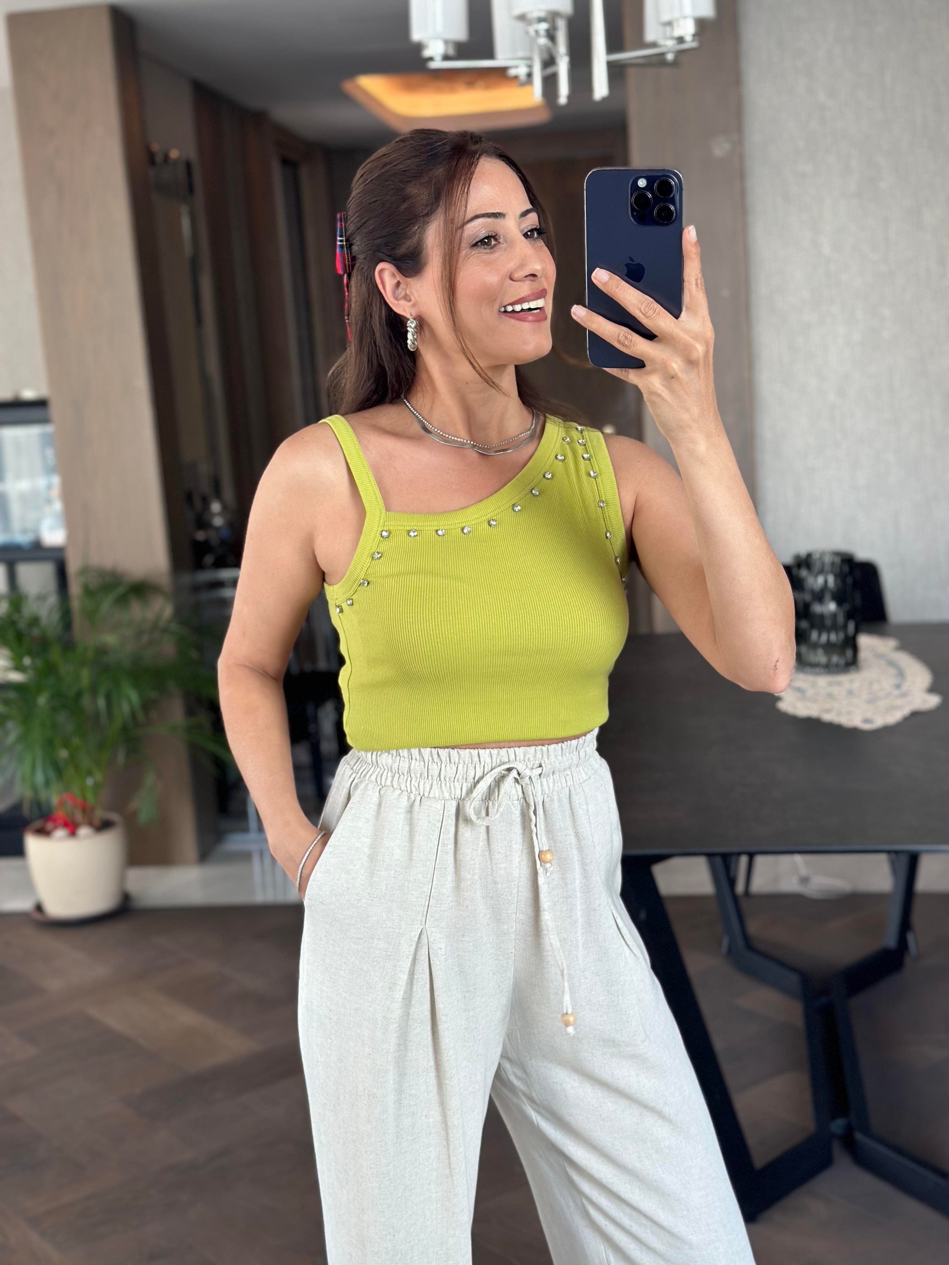 Yağ Yeşili Tek Omzu Kalın Biyeli Önü Taşlı Kadın Body